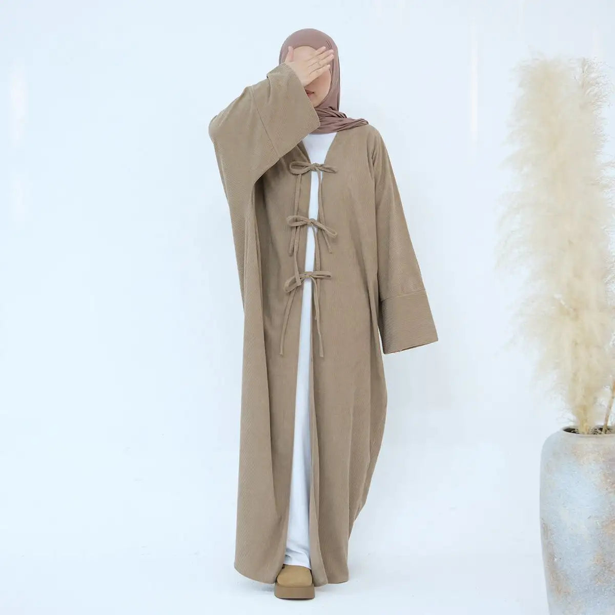 Stylish Winter Corduroy Belted Open Abaya Dress #24927 - Perfect for Modest Fashion, Prayer & Special Occasions
