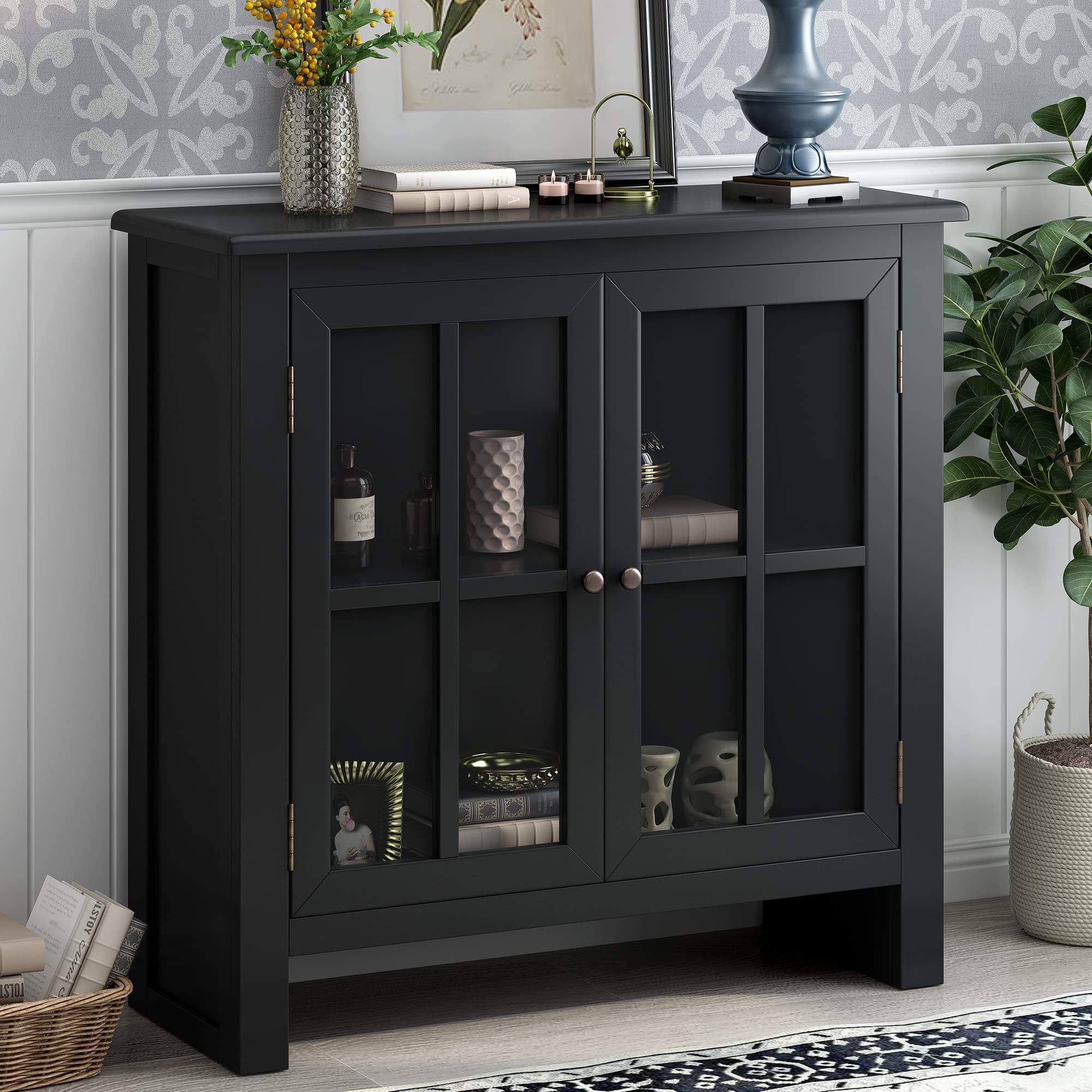 Modern Wood Storage Cabinet Buffet Table with 2 Glass Doors & Adjustable Shelf - Accent Sideboard for Living Room, Dining Room - Black Storage Cabinet for Home Organization & Display