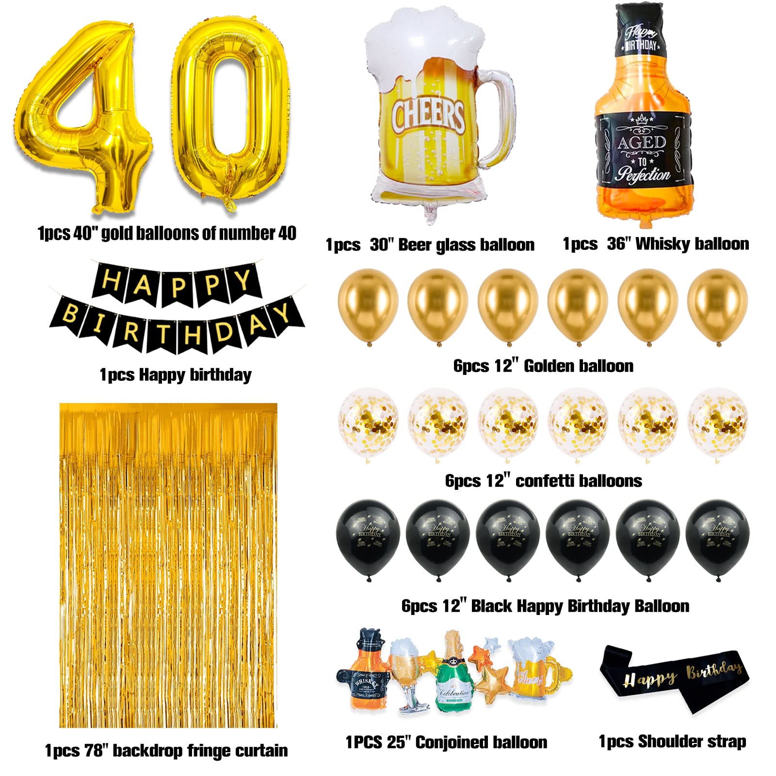 Black and Gold 40th Birthday Party Decorations for Men - Happy Birthday Banner, Fringe Curtain, Confetti & Latex Balloons Set - Perfect for Milestone Birthday Celebrations, Retirement Parties & Surprise Decor