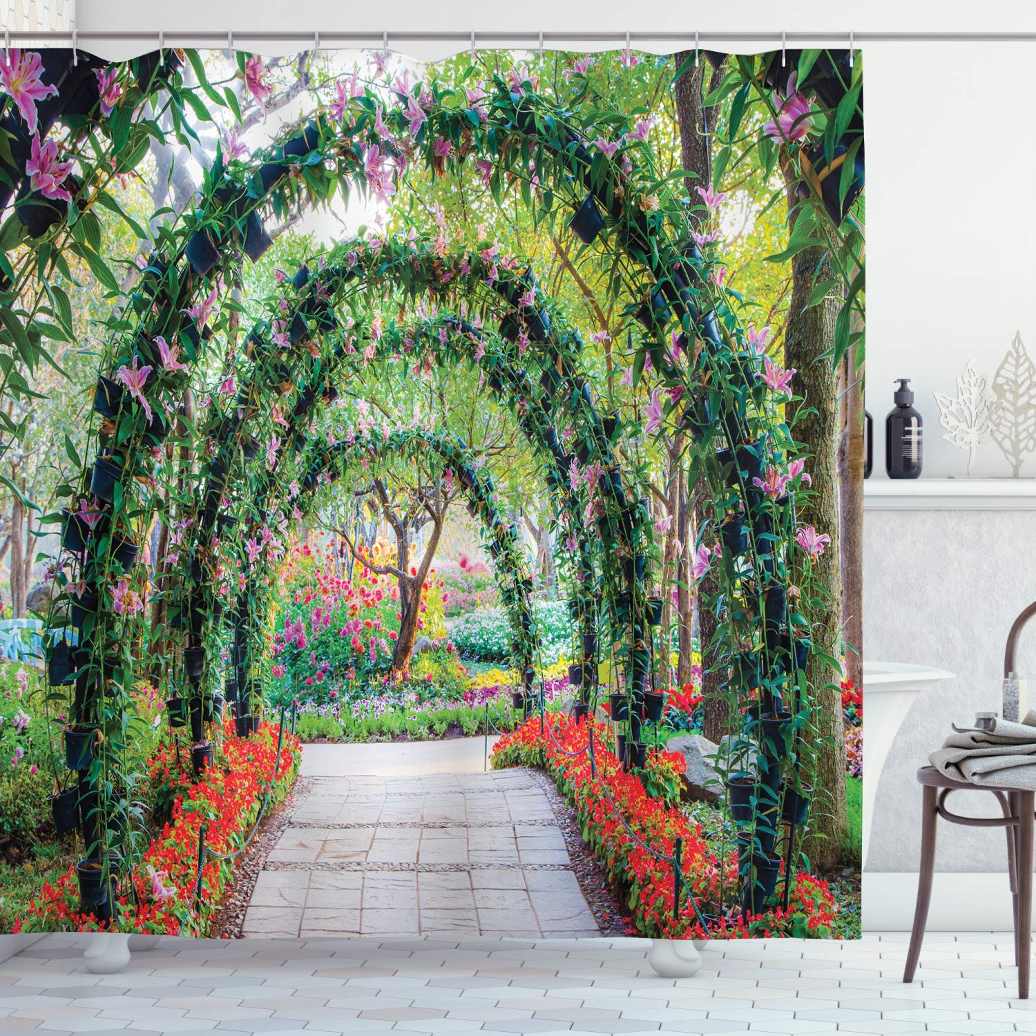 Ambesonne Floral Shower Curtain - Elegant Garden Design with Flower Arches & Greenery, 69x75 Inch Waterproof Fabric Bathroom Decor for Romantic & Vintage Style - Perfect for Home, Apartment, Spa Retreat