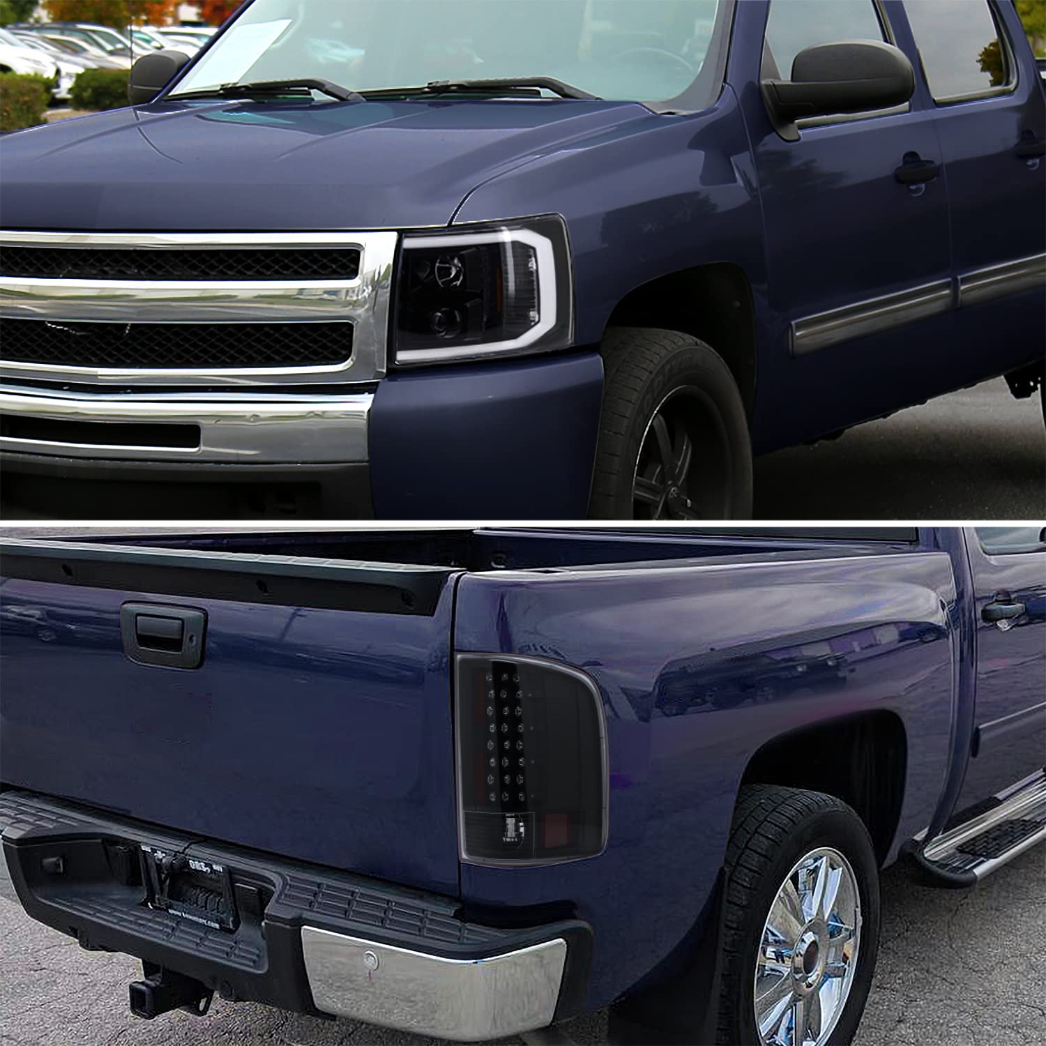 Spec-D Tuning LED Light Bar - Jet Black Housing with Clear Lens Projector Headlights & Black LED Tail Lights - Compatible with Chevrolet Silverado (Left + Right Pair) - Upgrade Your Truck Lighting for Night Driving & Off-Road Adventures