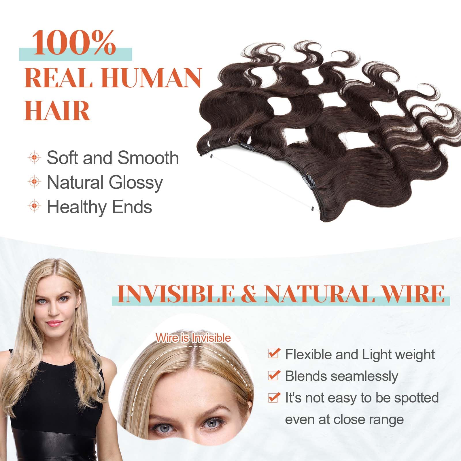 Benehair 100% Real Human Hair Halo Extensions - 18 Inch Dark Brown Wavy & Curly Wire Hair Extensions (65g) | Perfect for Weddings, Parties & Daily Styling