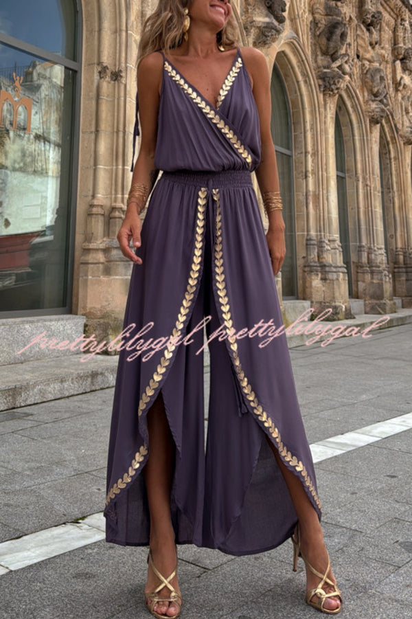Tamia Gold Trim Elastic Waist Slit Wide Leg Slip Jumpsuit for Women - Comfortable & Stylish Lounge & Evening Wear - Perfect for Parties, Date Nights & Special Occasions