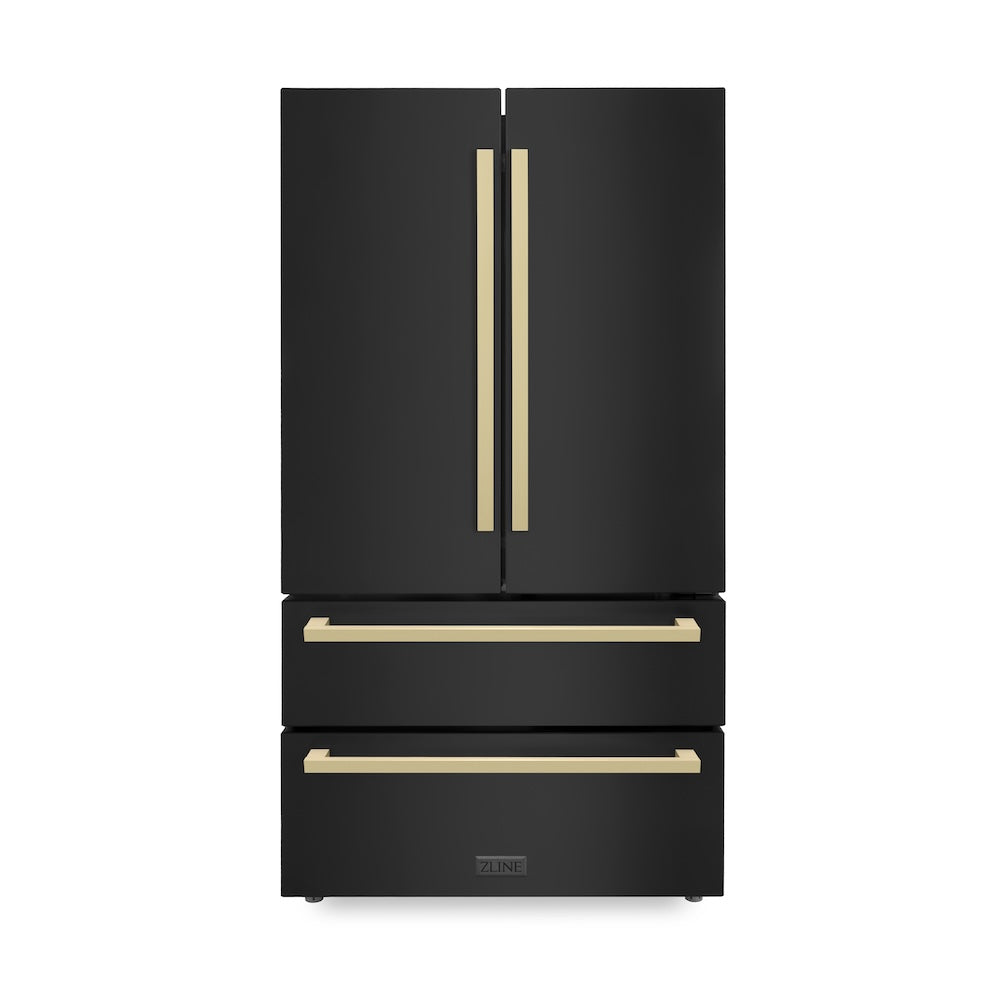 ZLINE Autograph Edition 36 Inch Counter Depth French Door Refrigerator - 22.5 cu.ft Capacity, Fingerprint Resistant Black Stainless Steel with Champagne Bronze Handles, Built-in Ice Maker | Perfect for Modern Kitchens, Open Concept Homes & Entertaining Guests
