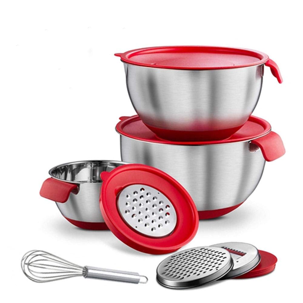 Premium Stainless Steel Mixing Bowls Set with Lids - 3-Piece (16cm/20cm/24cm) Non-Slip Kitchen Mixing Bowls with Handle, Grater & Egg Beater - Ideal for Baking, Salad Prep, Food Storage & Meal Prepping