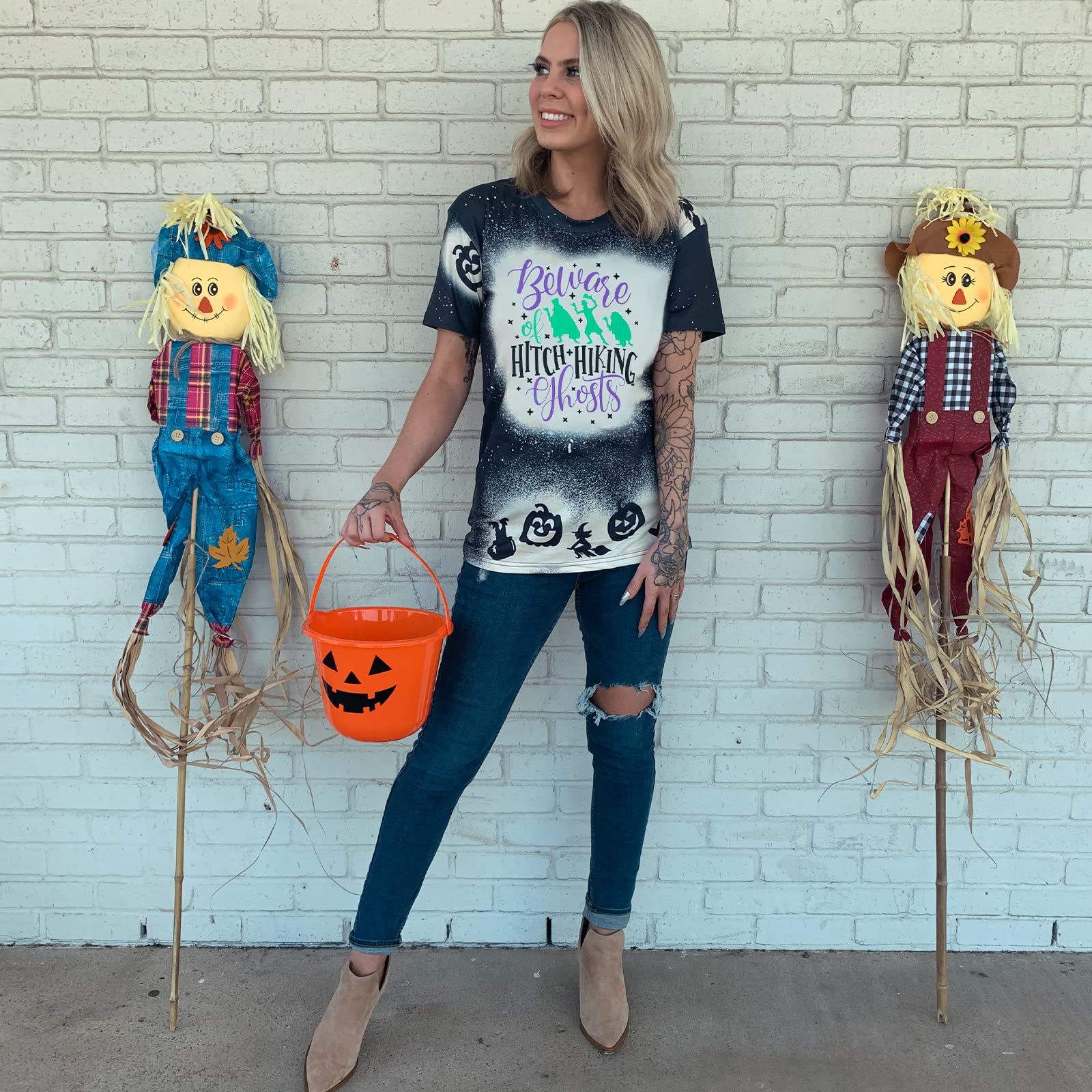 Funny Beware of Hitch Hiking Ghost T-Shirt for Women - Halloween Haunted Shirt Short Sleeve Tee - Perfect for Halloween Parties & Spooky Costumes