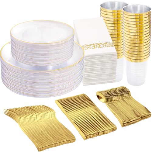 350pcs Clear Plastic Plates with Gold Rim