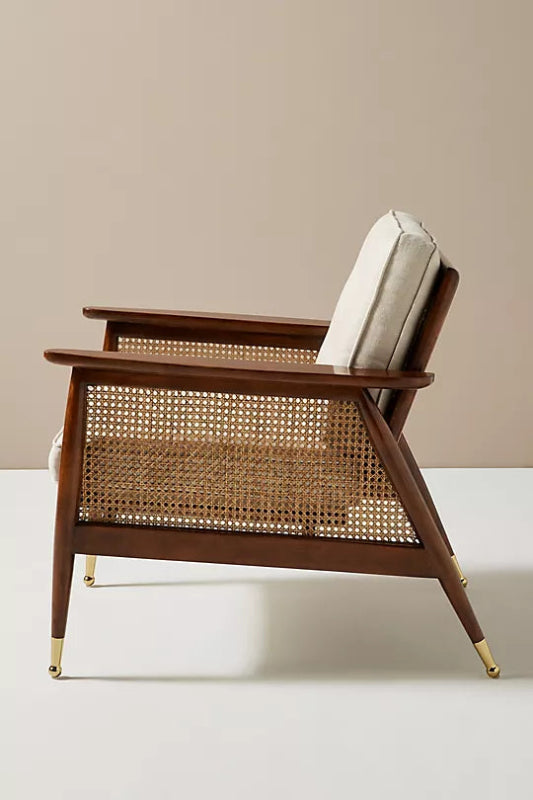 Nadia Caned Accent Chair with Brass Caped Design - Mid-Century Modern Rattan Lounge Chair for Living Room, Bedroom & Office Decor