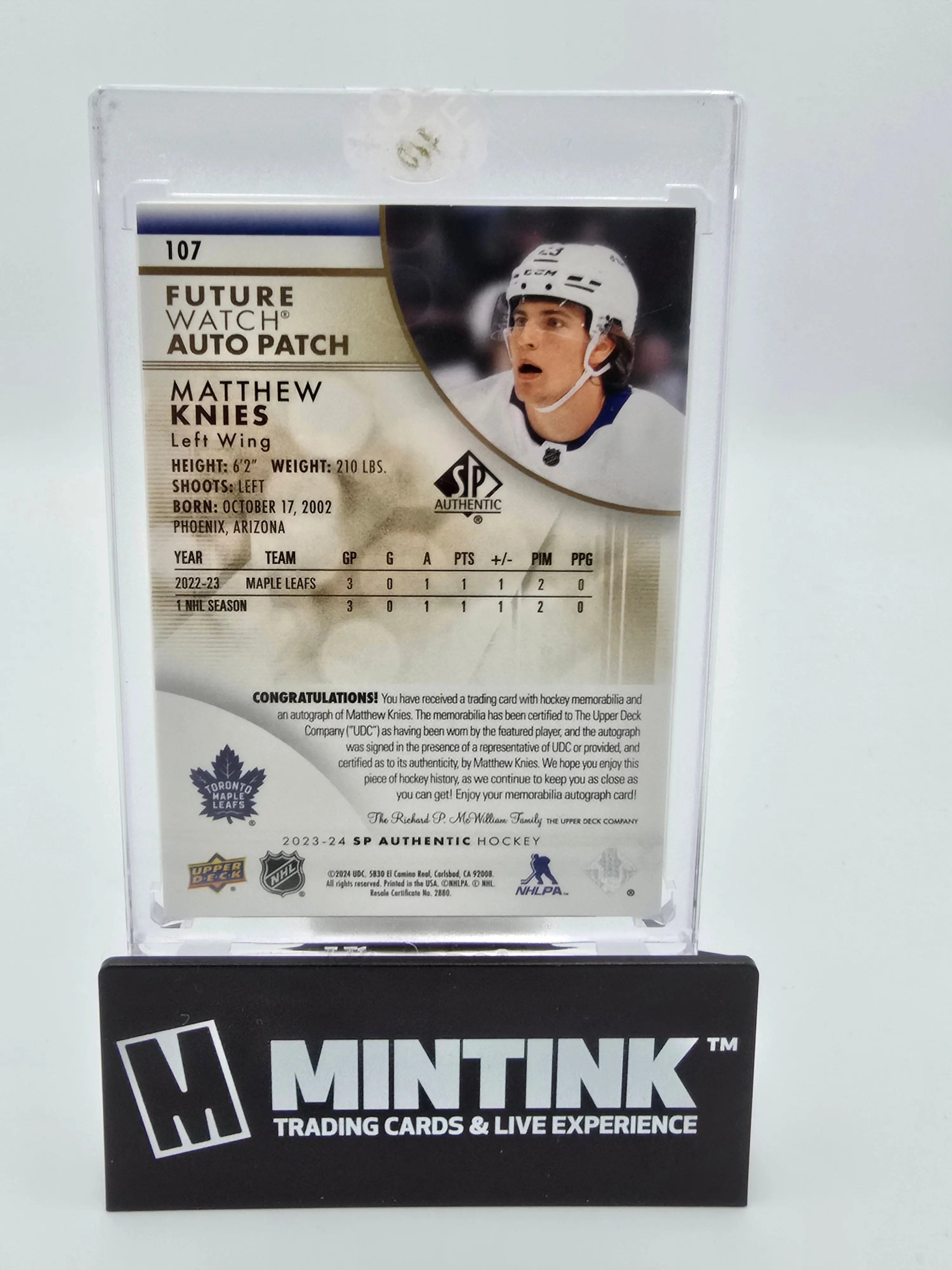 2023-24 Upper Deck SP Authentic Hockey Matthew Knies Future Watch Patch Auto Rookie Card 033/100 #107 - Perfect for NHL Collectors & Hockey Memorabilia Fans