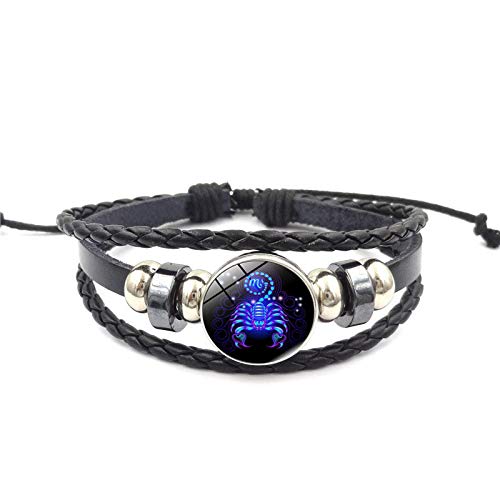XBKPLO 12 Constellation Star Sign Alloy Bracelet for Men & Women - Handmade Braided Leather Bracelet in Black - Perfect for Zodiac Gifts, Birthday Presents & Fashion Accessories