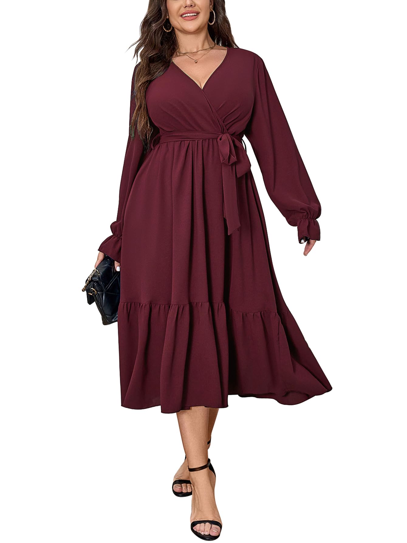 Elegant Plus Size Wedding Guest Dress - Long Sleeve Wrap V-Neck Belted A-Line Maxi Cocktail Dress with Ruffle Hem | Perfect for Weddings, Parties & Special Occasions