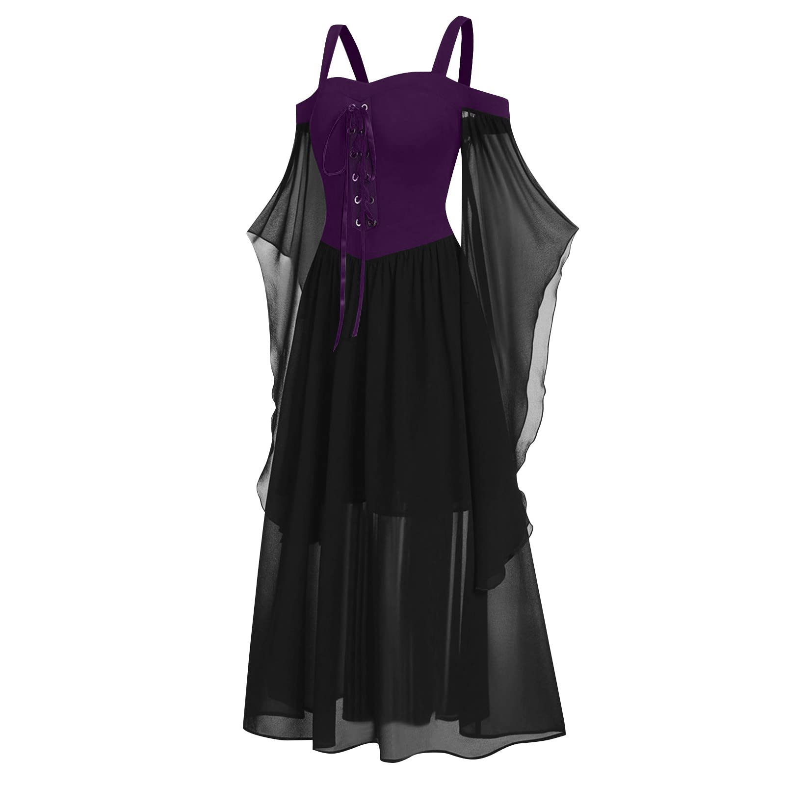 Women's Gothic Cold Shoulder Butterfly Sleeve Lace-Up Beach Dress - Flowy Spaghetti Strap Sun Dress for Halloween, Party & Summer Vacations