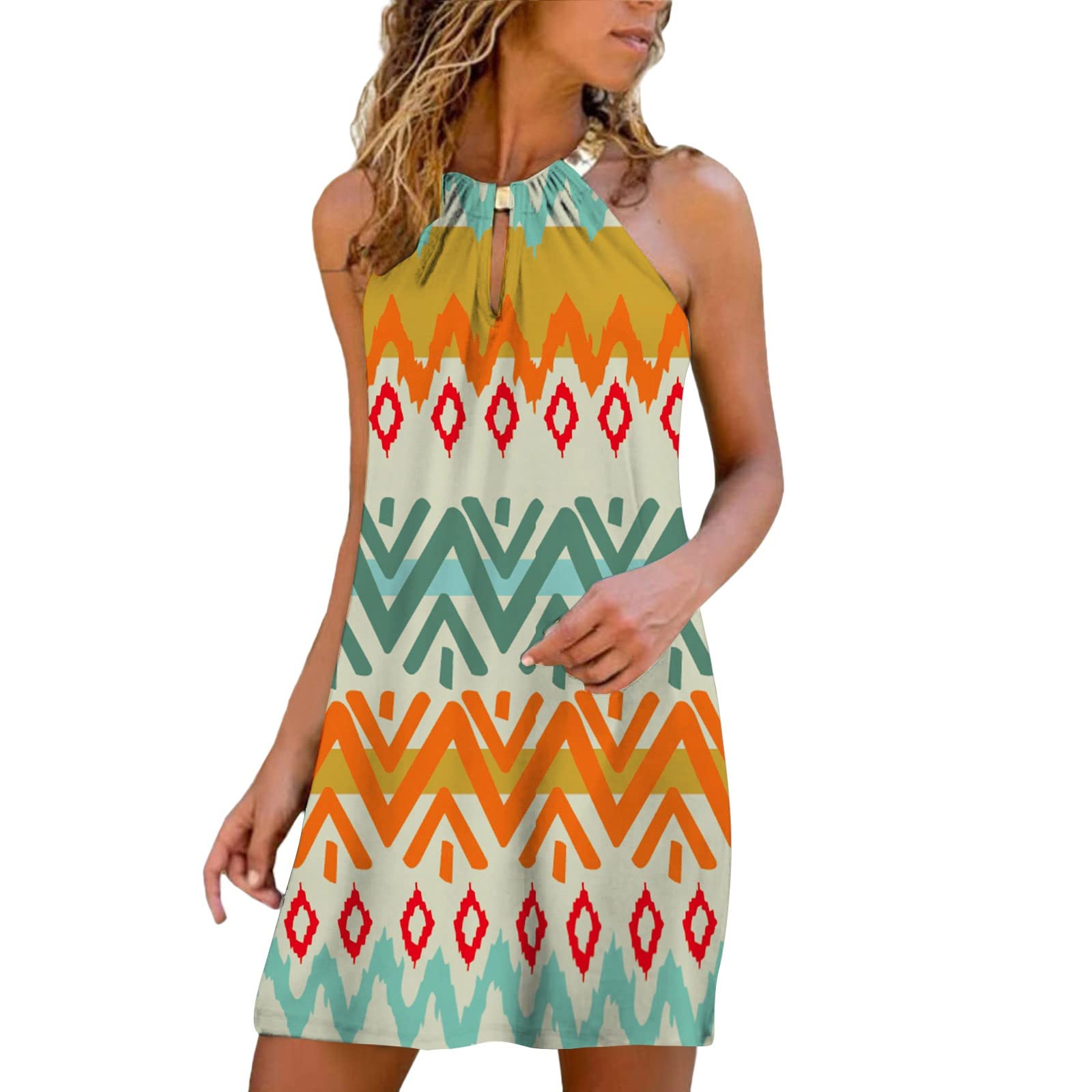 Women's Summer Casual Strapless Printed Dress - Fashionable Metal Hanging Neck Design for Parties, Beach & Date Nights