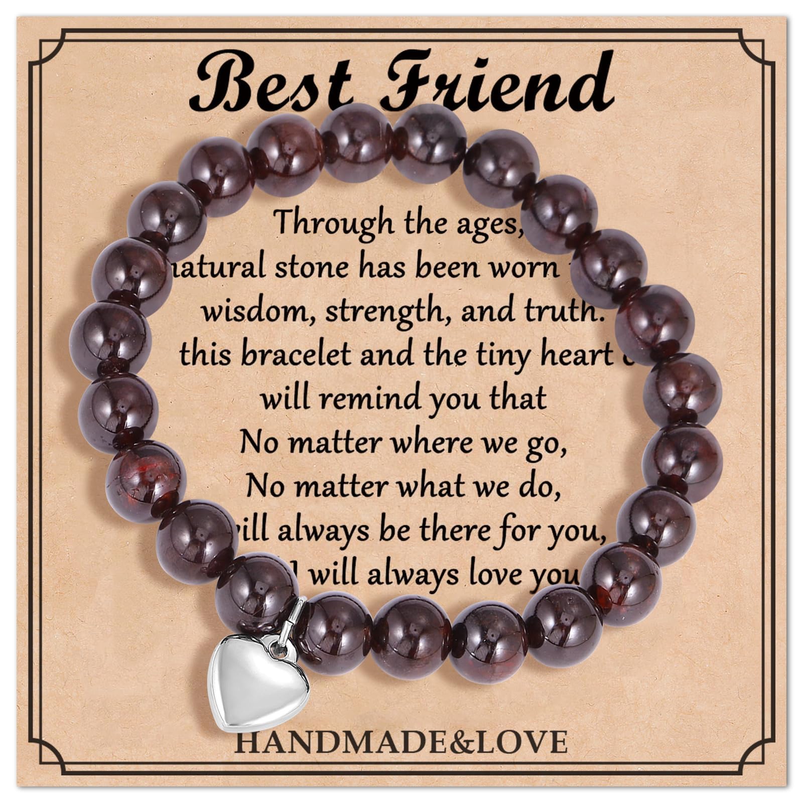 Qitian Birthstone Bracelet - Natural Stone Healing Chakra Bracelet for Relaxation & Encouragement, Heart Charm Beaded Bracelet for Women, Best Friend Birthday Gifts, Thank You Gifts for Meditation & Yoga
