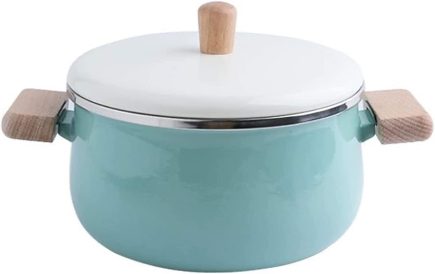 Enamel Milk Pot with Wooden Handle - Double Ear Small Soup Pot, Noodle Pot for Induction Cooker - Universal Green Pan for Cooking, Serving & Kitchen Decor