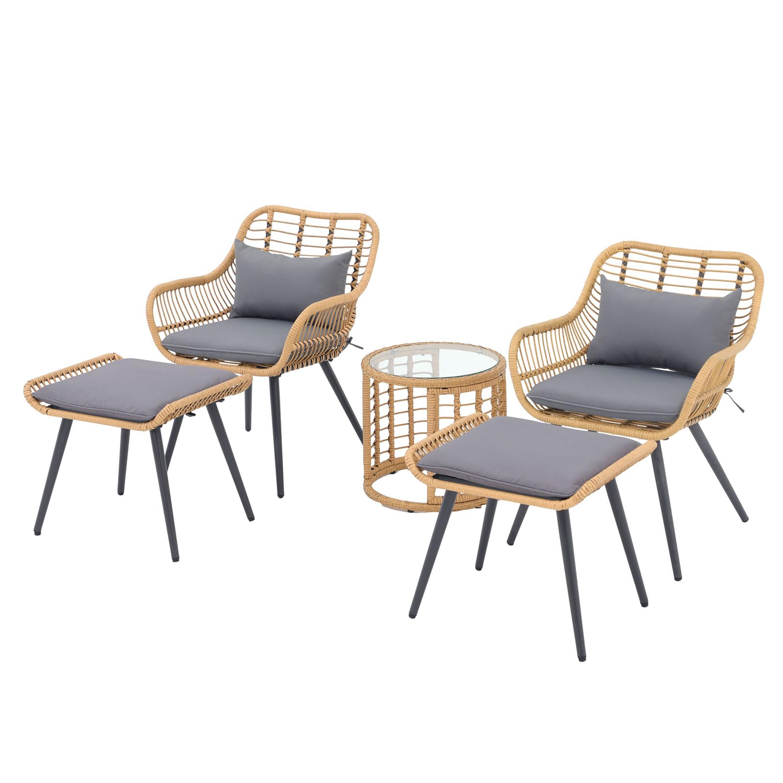 JOIVI 5-Piece Outdoor Patio Furniture Set - Wicker Rattan Conversation Set with Gray Cushions, 2 Chairs, Ottoman & Round Side Table for Porch, Balcony, Garden, Backyard - Perfect for Relaxing & Entertaining Outdoors