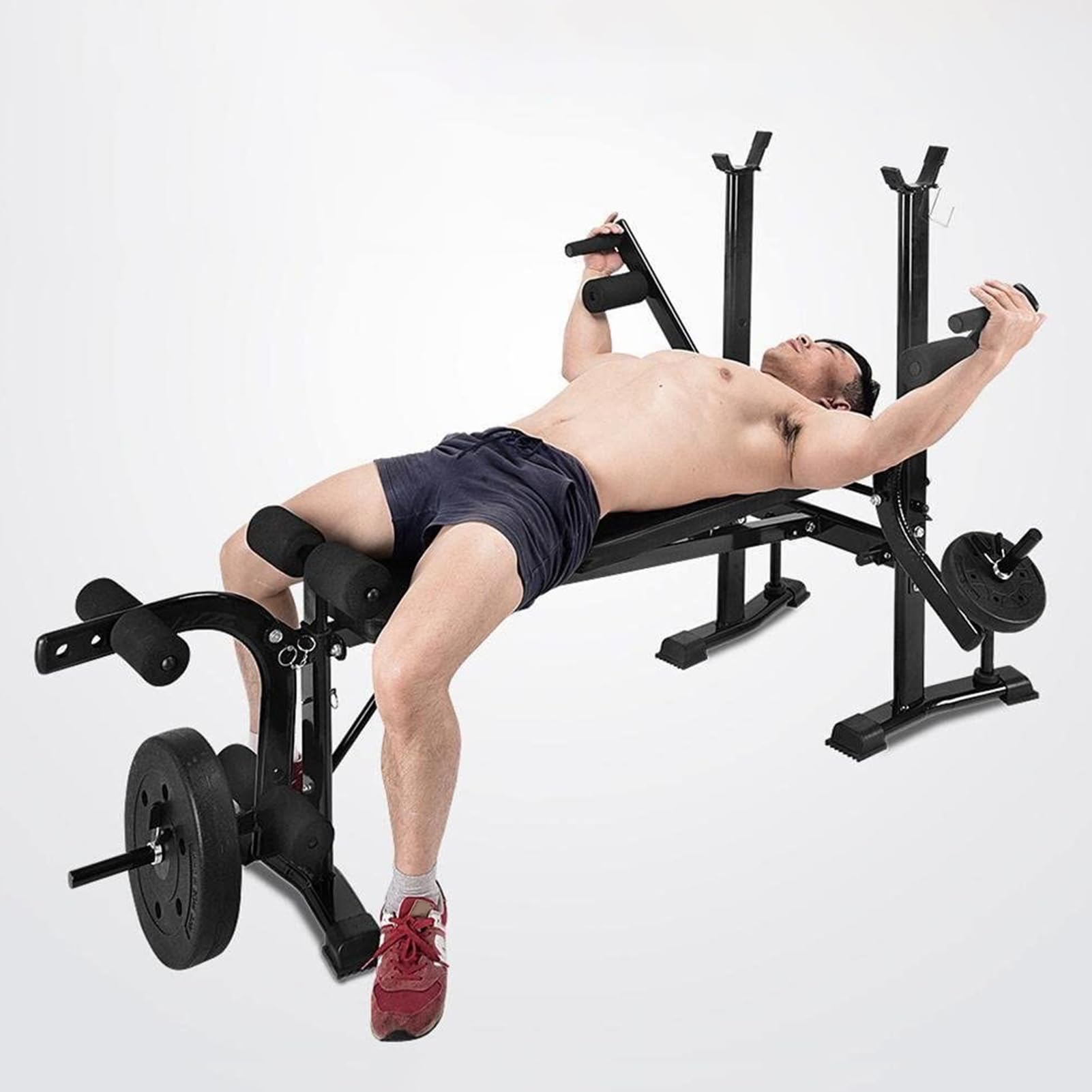 **4-in-1 Adjustable Weight Bench with Bench Press Rack, Weights & Barbell Set – Heavy Duty Dual-Function Home Gym Equipment for Leg Extension & Curl – Perfect for Strength Training & Full-Body Workouts**