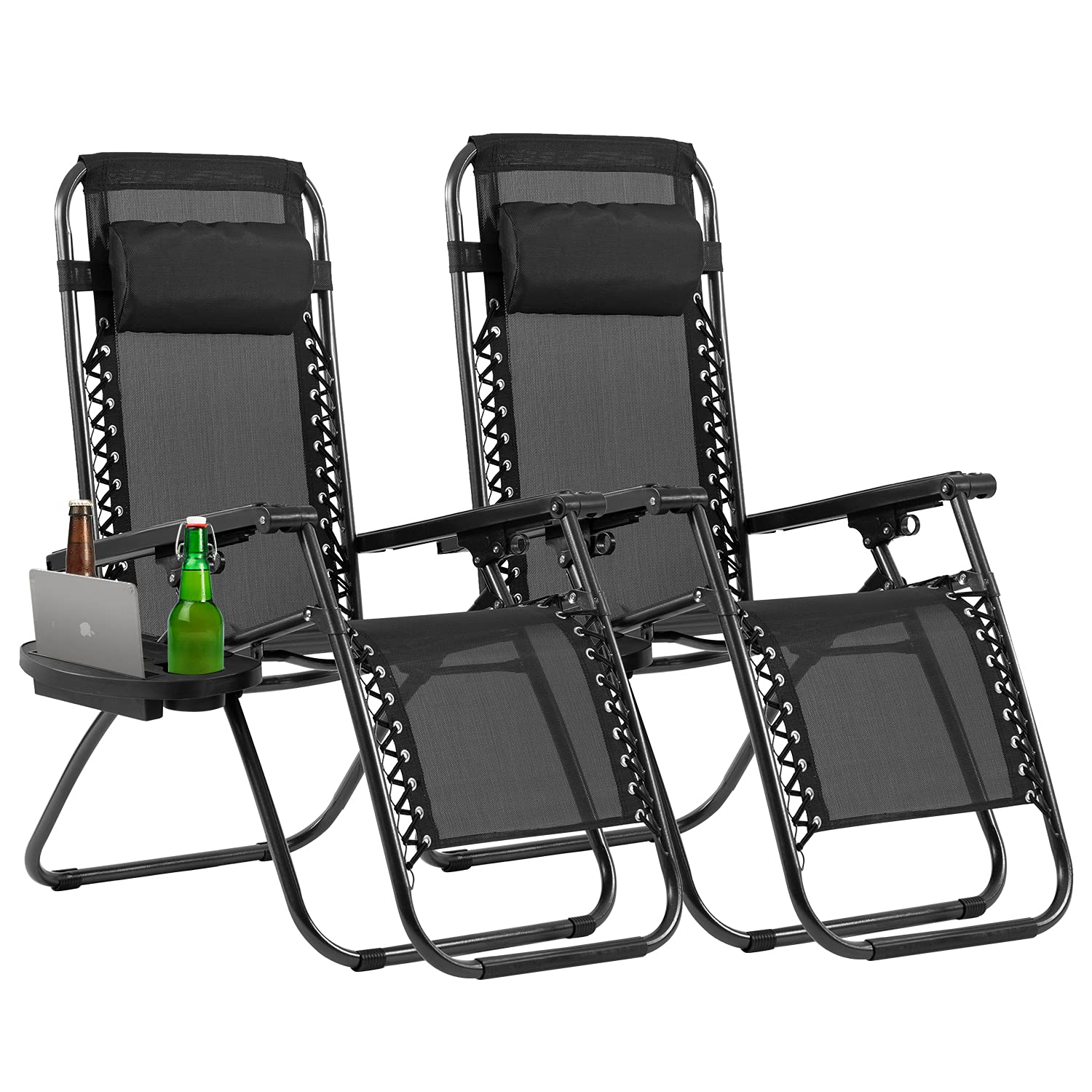 Best Folding Reclining Lounge Chair with Pillow & Cup Holder - Adjustable Massage Chair for Pool, Backyard, Beach, Patio - Comfortable Outdoor Relaxation (Black)