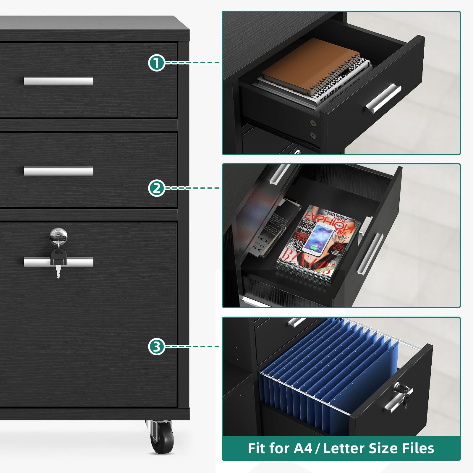 YITAHOME 3-Drawer Wooden File Cabinet with Lock - Mobile Lateral Storage Cabinet & Printer Stand for Home Office Organization - Black Office Furniture - Perfect for Document Storage, Printer Placement & Workspace Organization
