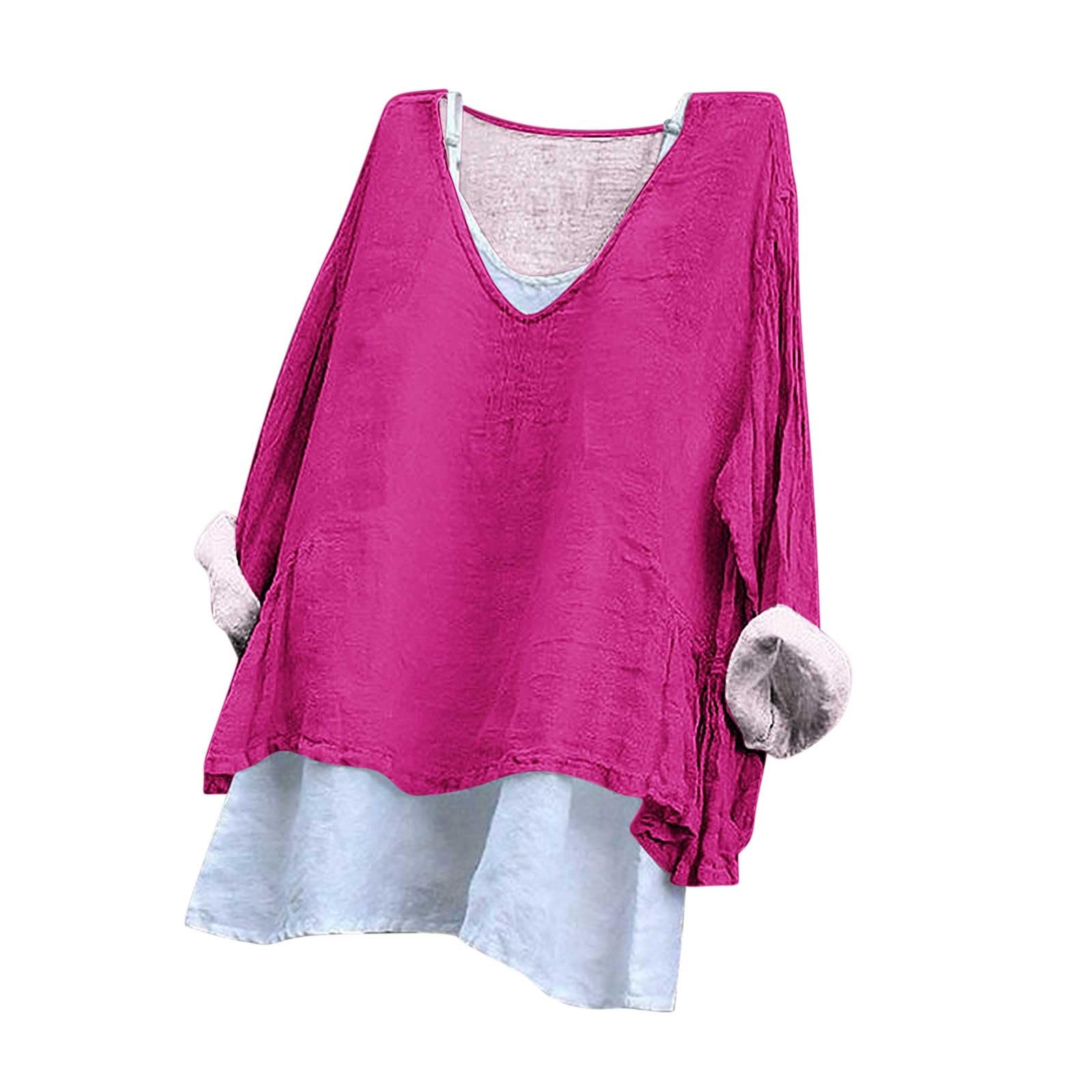 Binmer Women's Linen 3/4 Sleeve V-Neck Tops - Fake Two-Piece Summer Blouse for Beach Vacation & Casual Wear | Breathable Comfort 2024 Fashion