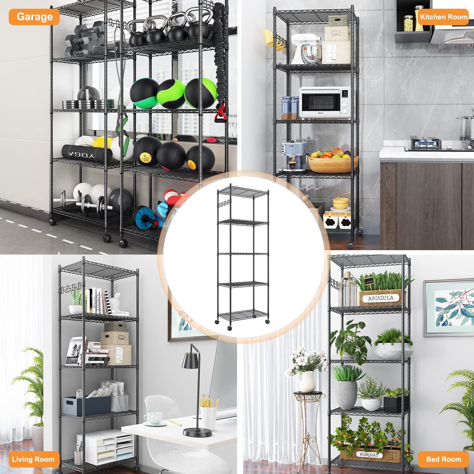 5-Tier Heavy Duty Metal Storage Shelves - Adjustable Wire Shelving Unit with Side Hooks for Garage, Pantry, Kitchen Organization - Black | Space-Saving Solution for Home & Office Storage Needs