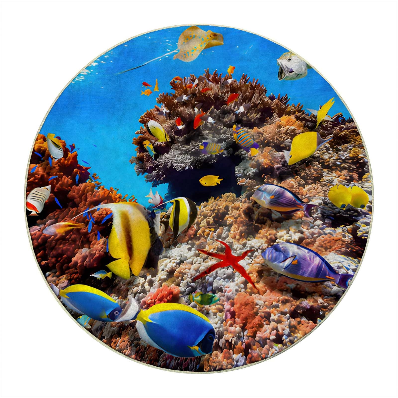 RevoLue 44-Inch Round Tropical Fish Office Chair Mat for Carpets - Non-Slip Underwater Design Gaming & Standing Desk Floor Protector - Perfect for Home Office, Gaming Setup & Workspace Decor