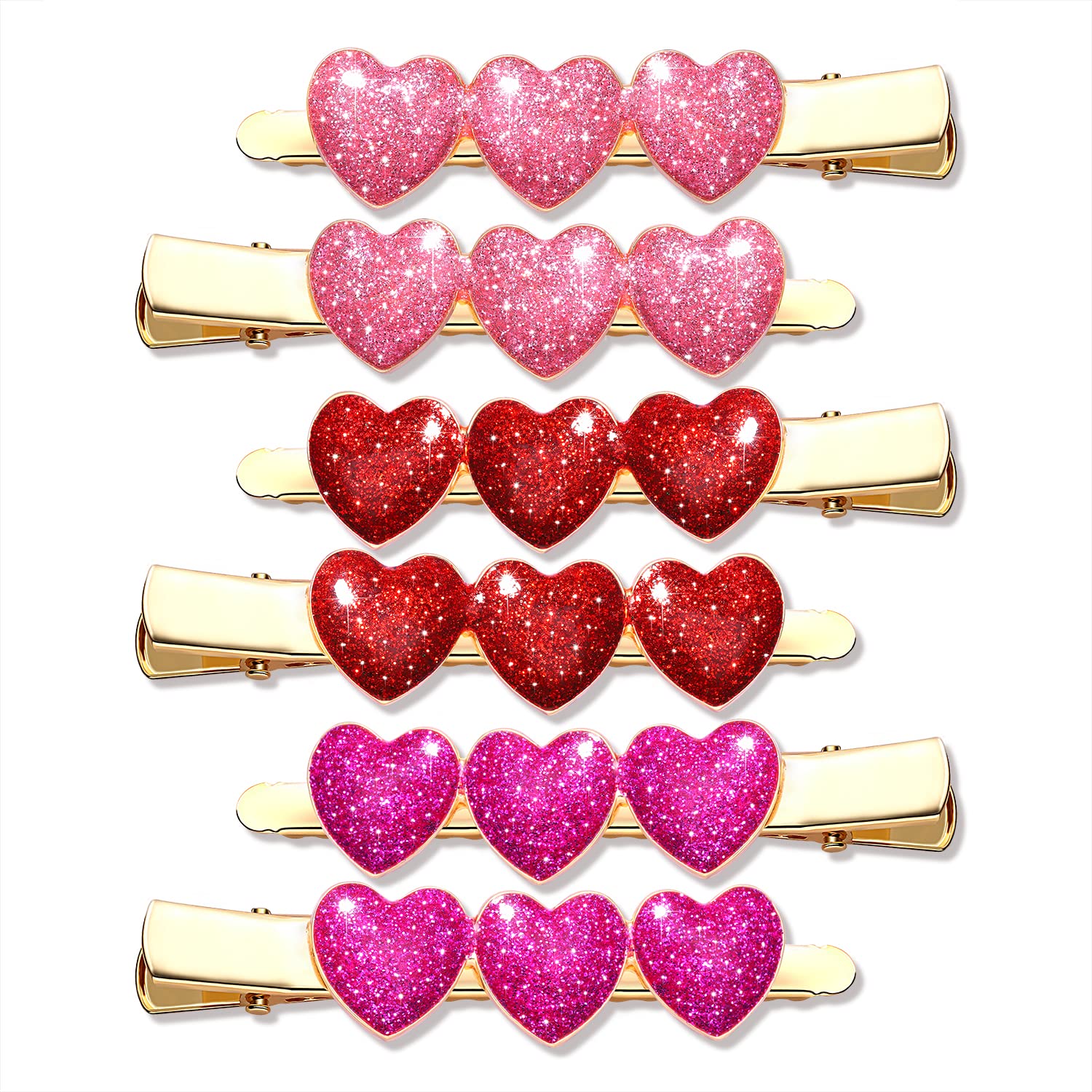 Boderier 6 Pack Valentine's Day Heart Hair Clips for Women - Red Pink Fuchsia Glitter Rhinestone Hair Barrettes | Romantic Hair Accessories for Date Night, Wedding, Party & Special Occasions