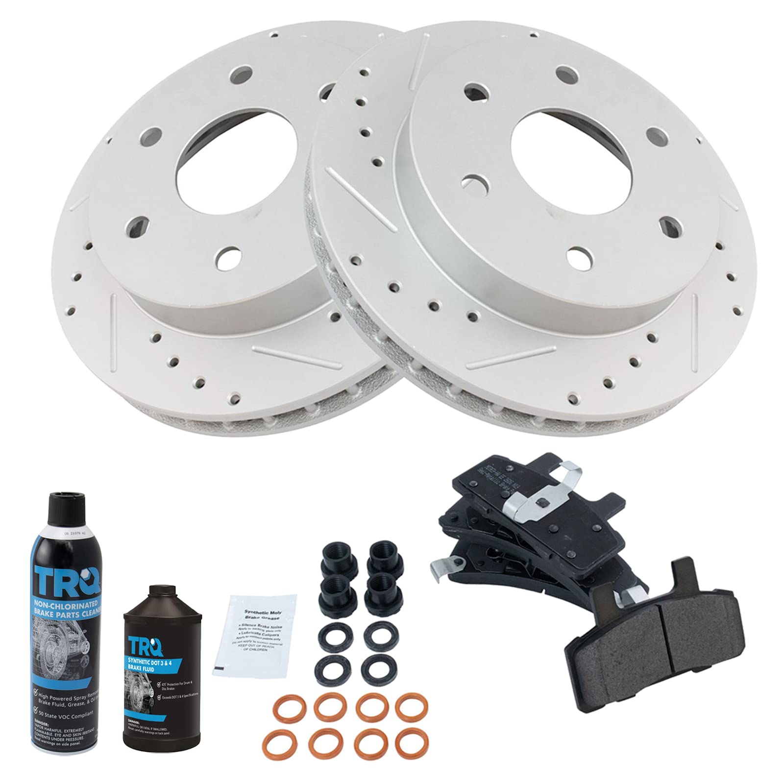 TRQ Front Brake Pad and Rotor Kit - Semi-Metallic Performance Brakes with G-Coating, Slotted & Drilled Design - Fits 92-94 Chevy Blazer, 99-00 Cadillac Escalade, 88-98 K1500, 92-99 K1500 Suburban, K2500, 95-00 Tahoe & Yukon - Perfect for Off-Roading and Heavy-Duty Towing