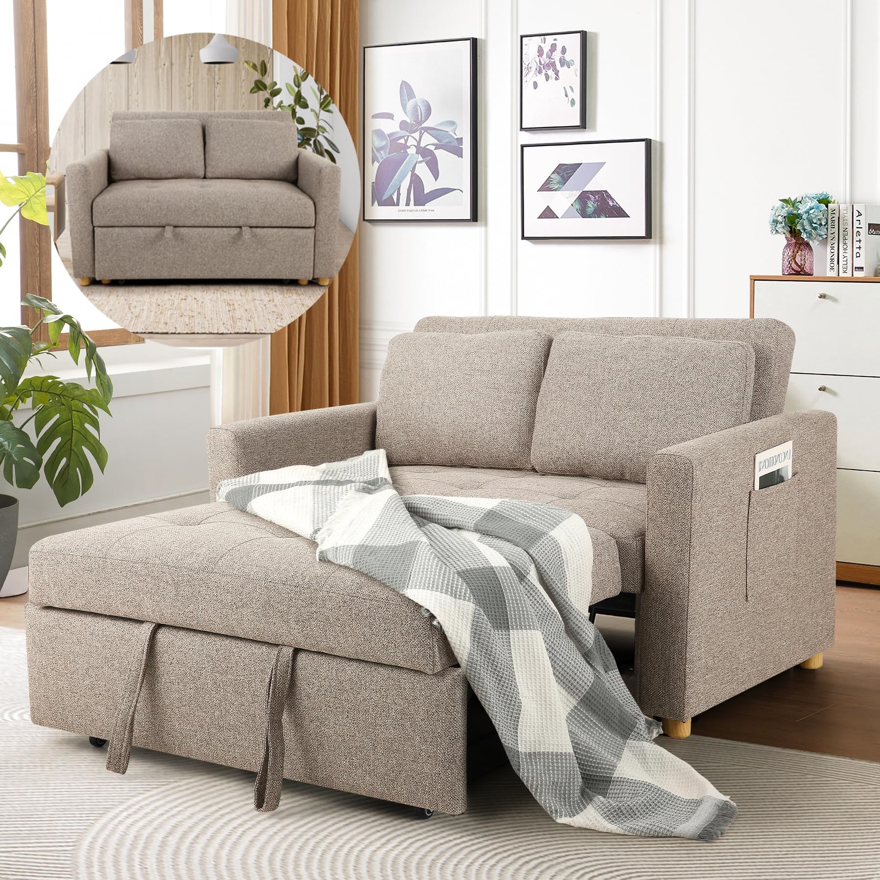 SEJOV 3-in-1 Convertible Sofa Bed with Linen Fabric - Pull Out Sleeper Couch, 49