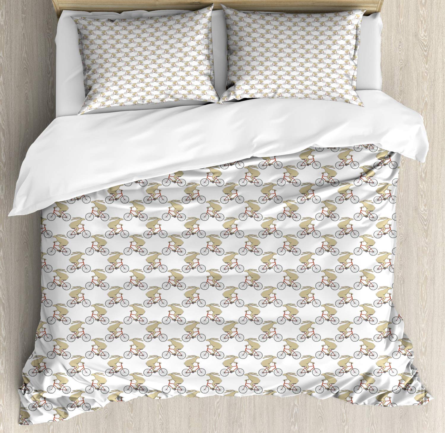 Ambesonne Hares Duvet Cover Set - Funny Bunny Characters Racing on Bikes Urban Illustration Print, 3-Piece Queen Size Bedding Set with 2 Pillow Shams in Tan White & Red | Perfect for Kids' Rooms, Teen Bedrooms & Whimsical Home Decor