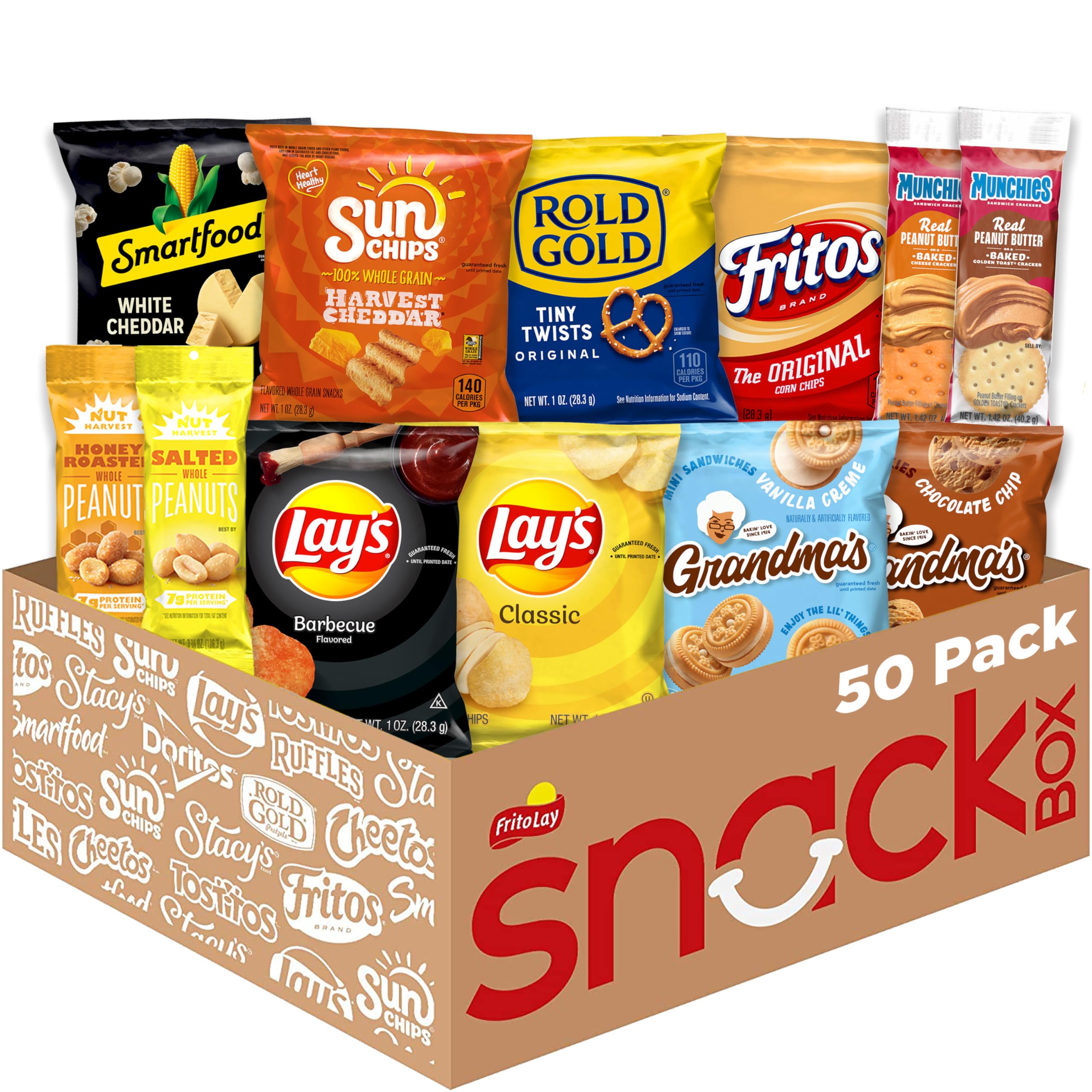 Frito Lay Sweet & Salty Snack Variety Pack - 50 Count Mixed Cookies, Crackers, Chips & Nuts | Perfect for Office Snacks, Party Favors & Road Trips