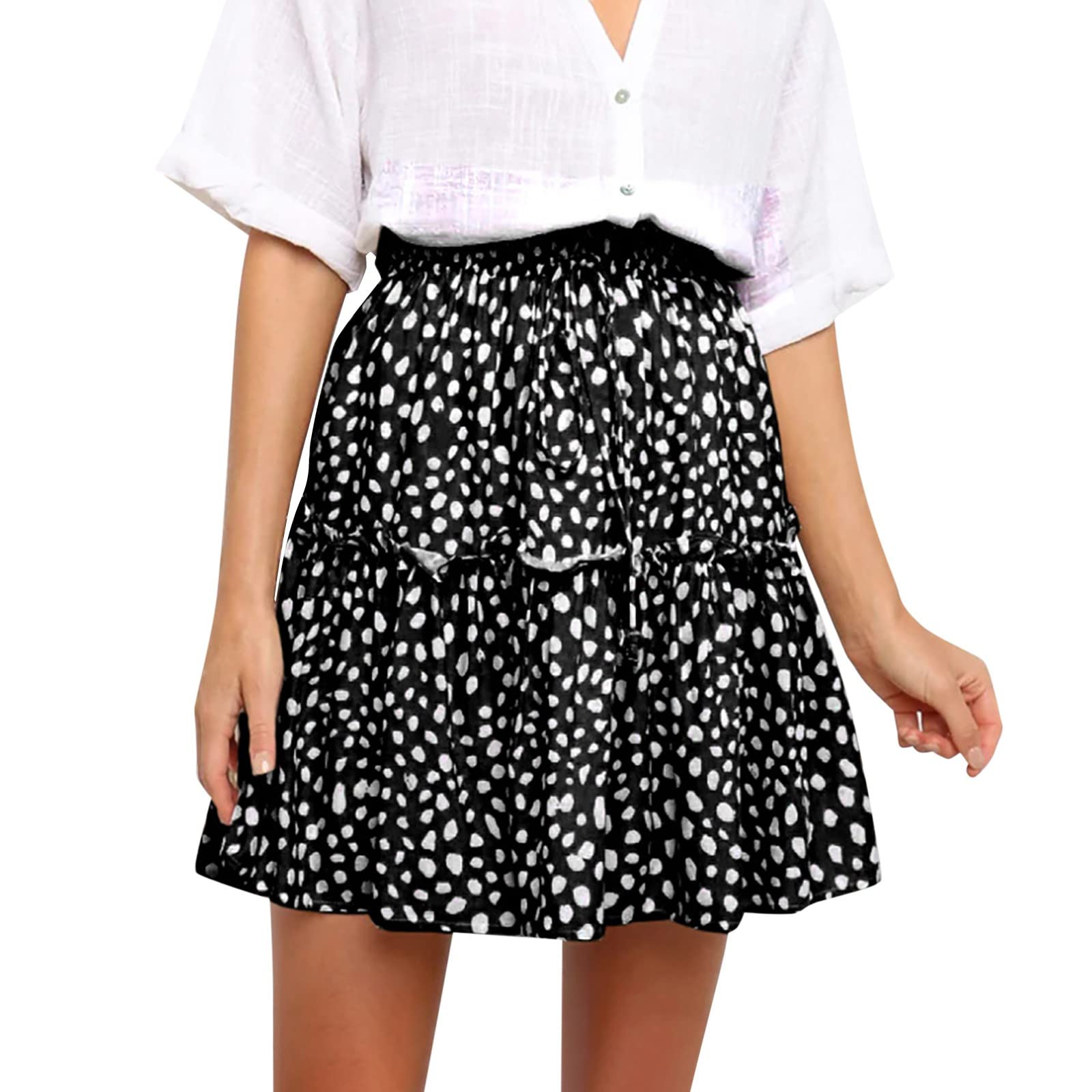 Women's Floral Printed Corduroy Mini Skirt with Empire Waist & Ruffle Tiered Design - Knee Length Summer Skirt for Casual Outings, Beach Vacations and Date Nights