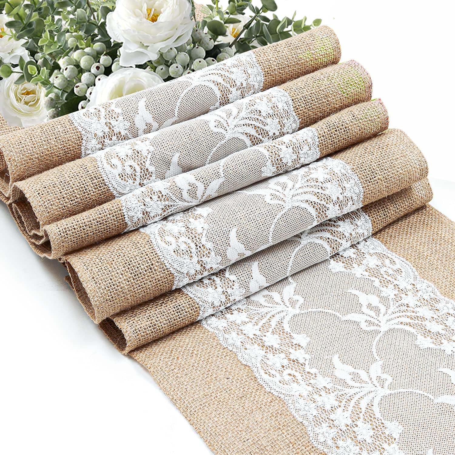 10 Pcs Burlap Table Runner 108x12 Inch - Natural Jute Table Runner with White Lace Trim, Rustic Wedding Table Decor, Rectangle Table Cover for Holiday Dinner, Party, Farmhouse & Country Style Events