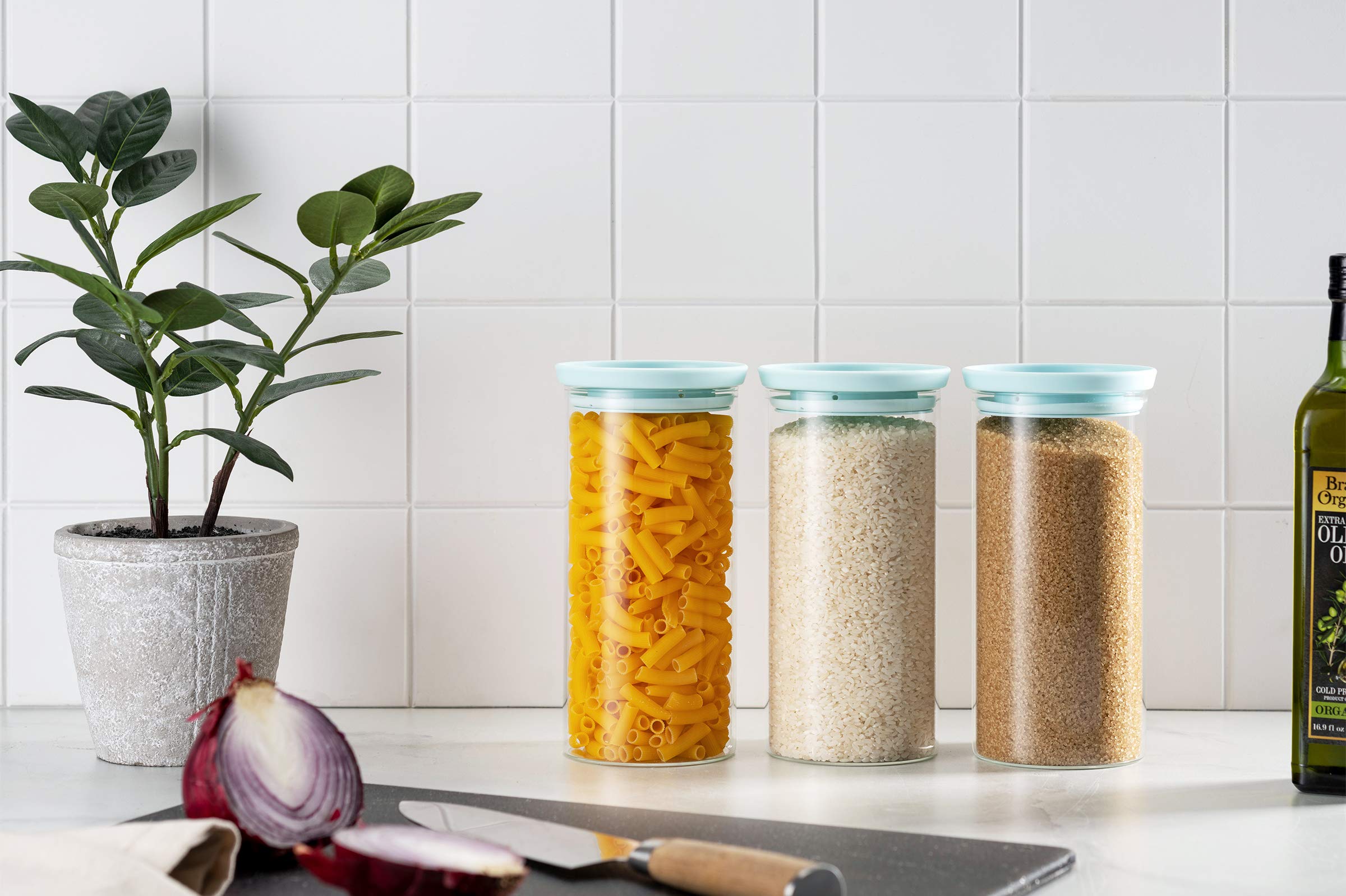 Godinger Glass Food Storage Containers with Lids - 3 Piece Set, Airtight Kitchen Canisters for Flour, Sugar, Coffee & Dry Goods - Perfect for Pantry Organization & Baking Supplies Storage