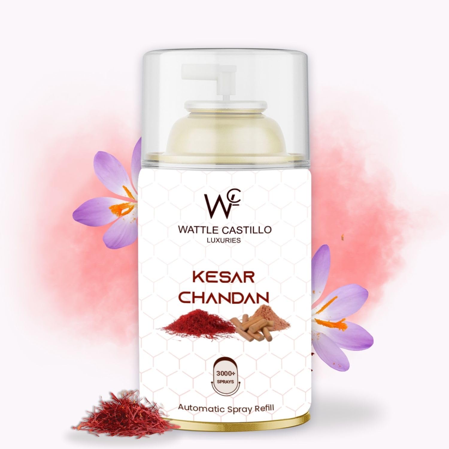 Wattle Castillo Automatic Air Freshener Refill - Relax Kesar Chandan Scent | 3000+ Sprays, Lasts 90 Days (265ml) | Perfect for Home, Office, Bathroom & Car Freshening