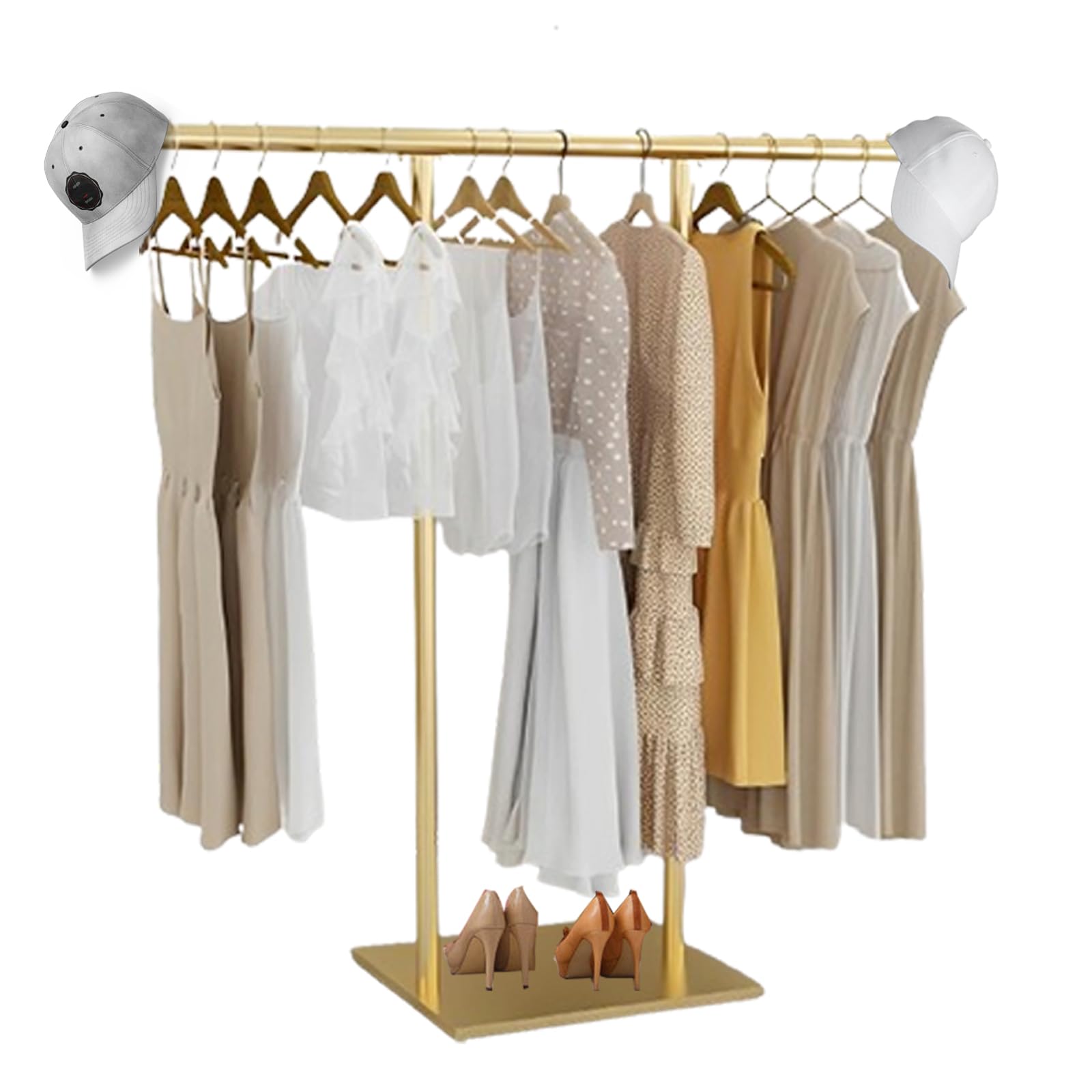 Premium Gold Clothing Rack for Boutique - Double Pole Supported Stable Metal Garment Display Stand - Freestanding Retail Clothes Rack for Bedroom, Laundry Room & Store (39.37
