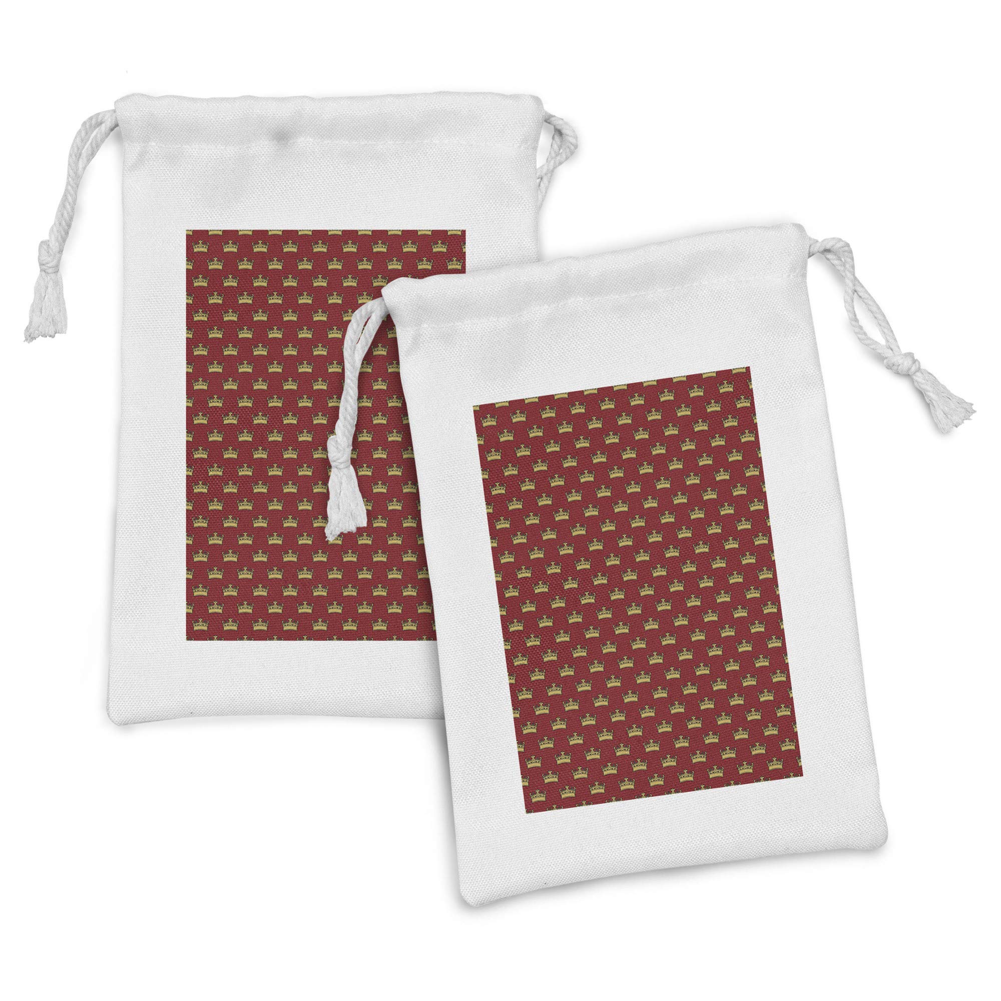 Ambesonne Royal Fabric Pouch Set of 2 - Medieval Crown Pattern Drawstring Bags for Toiletries, Jewelry & Travel Accessories | 9x6 Inch Small Gift Bags in Earth Yellow & Ruby | Nobility Themed Storage for Masks, Favors & Cosmetics