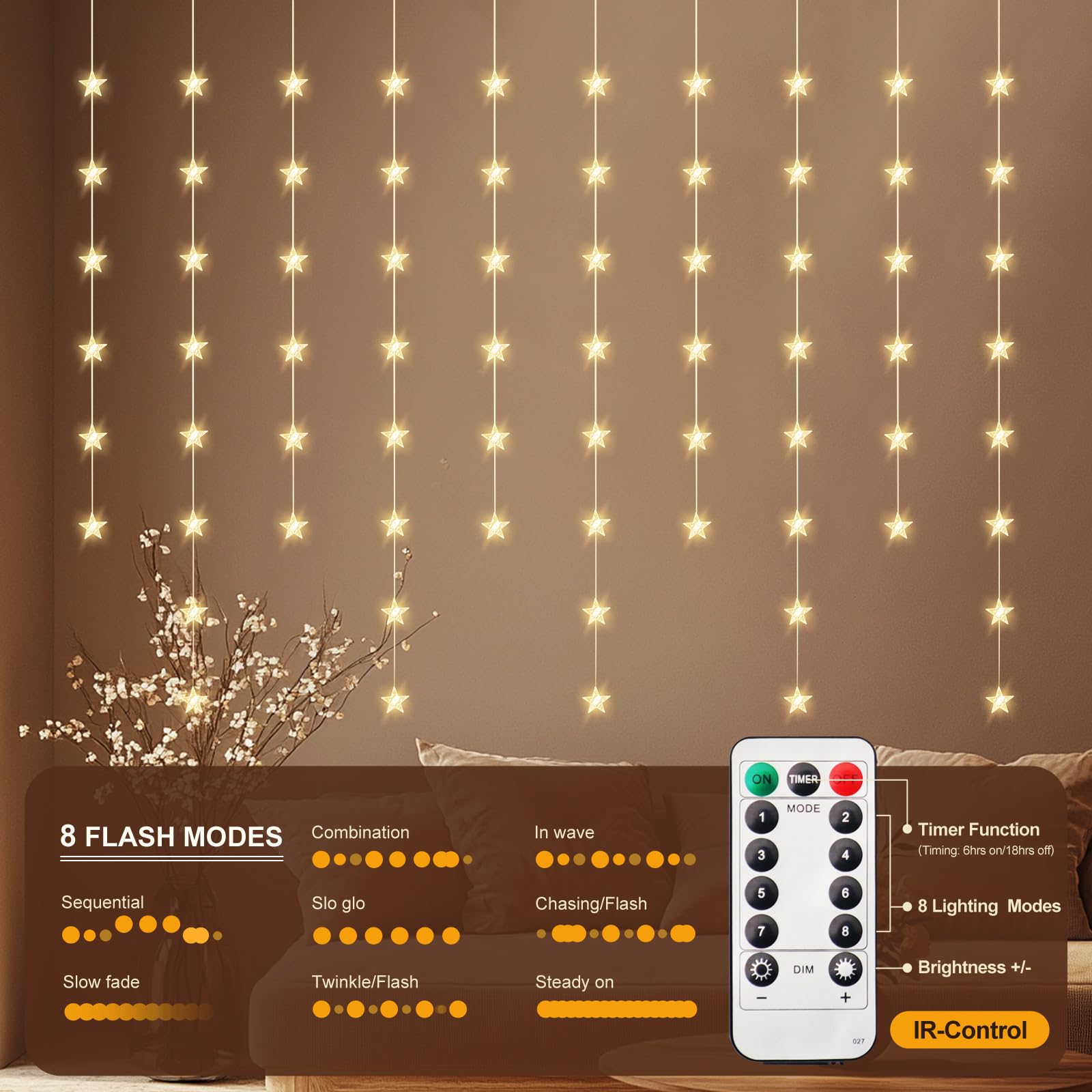 70 LED Star Curtain Lights Warm White - Remote Control Fairy Twinkle String Lights for Window, Bedroom, Wall & Ceiling Decor - Perfect for Christmas, Wedding, Party & Birthday Celebrations - Create Magical Ambiance for Indoor & Outdoor Events
