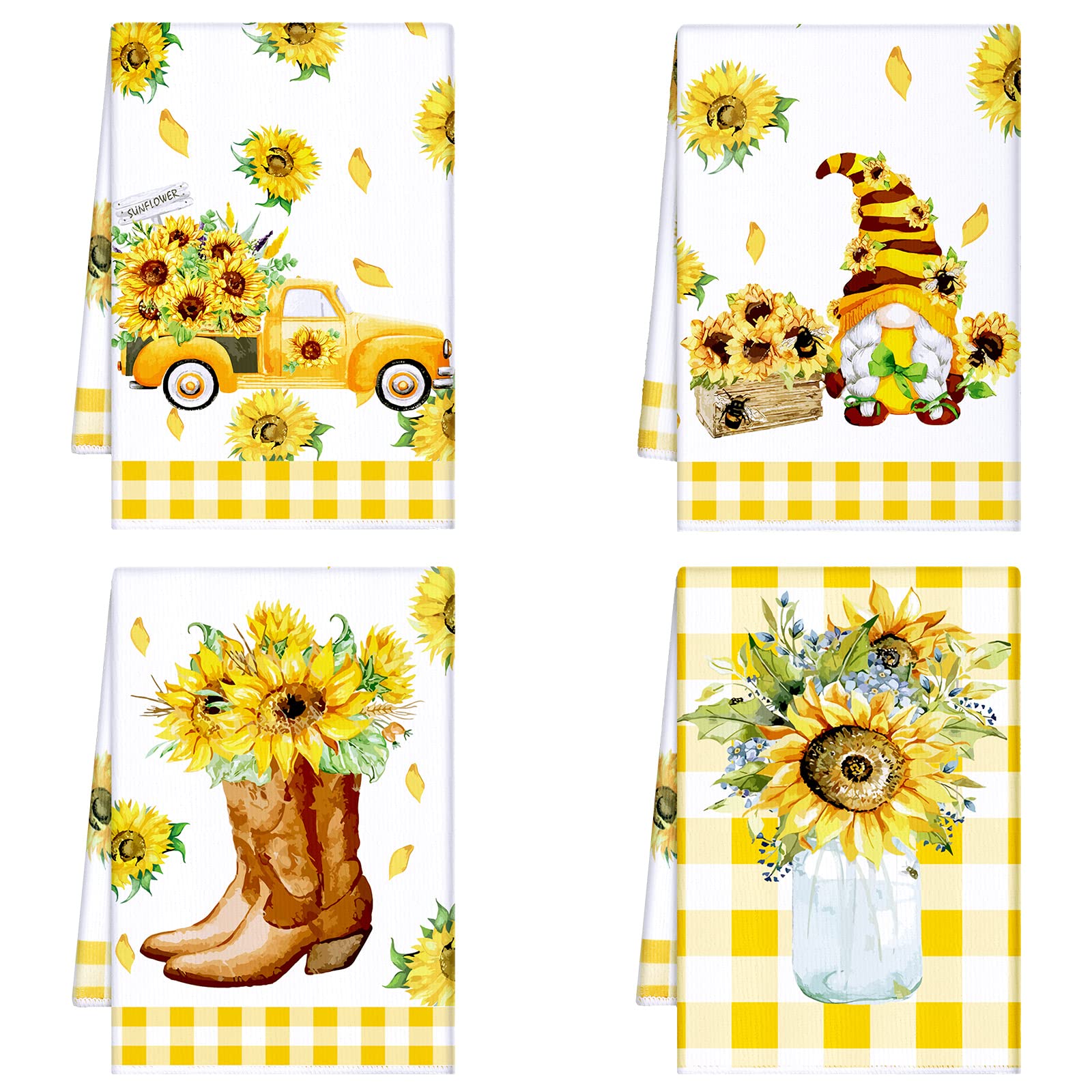 4-Piece Sunflower Kitchen Towels Set - Absorbent Gnome Dish Towels & Hand Tea Cloths, 16