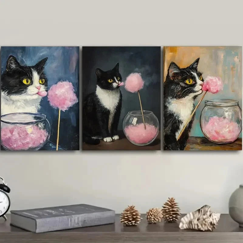 3-Piece Kitty Eating Marshmallows Metal Wall Art - Ready to Hang Cute Cat Decor for Living Room, Bedroom & Office