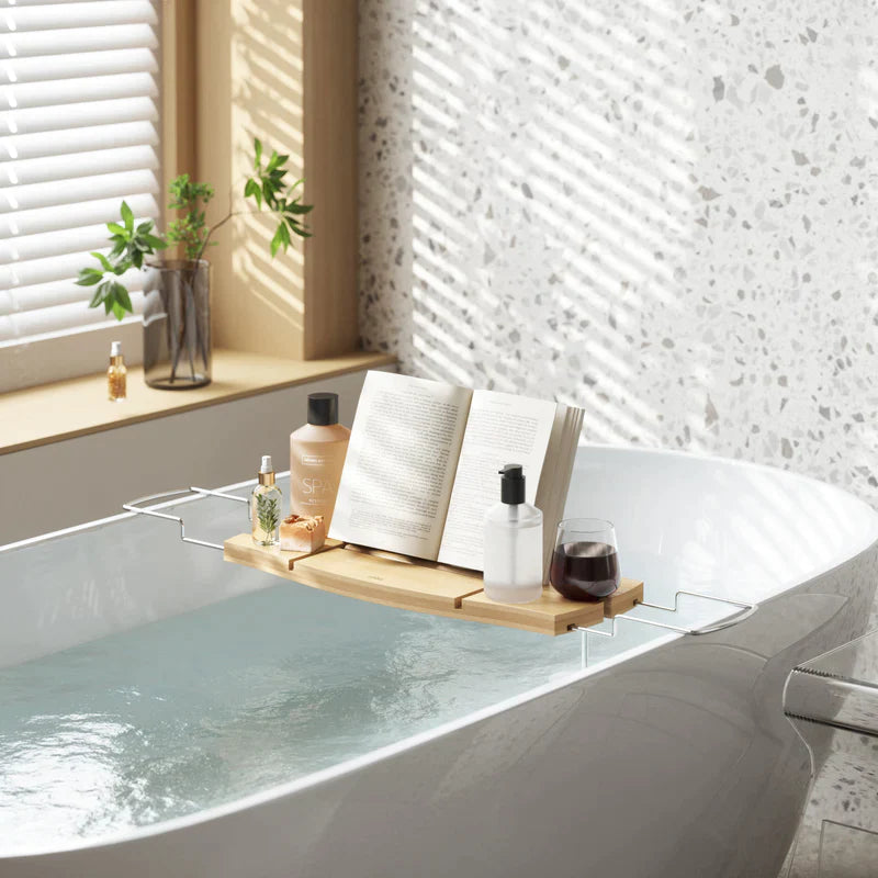 Aquala Bathtub Caddy Tray - Bamboo Bathtub Tray with Wine Glass Holder & Book Stand - Perfect for Relaxing Bath Time with Book, Wine, and Spa Essentials
