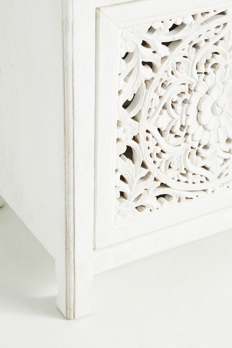Hand Carved Lombok Media Console in White | Solid Wood Entertainment Center for Living Room, TV Stand with Storage Shelf, Modern Farmhouse Furniture for Home Decor