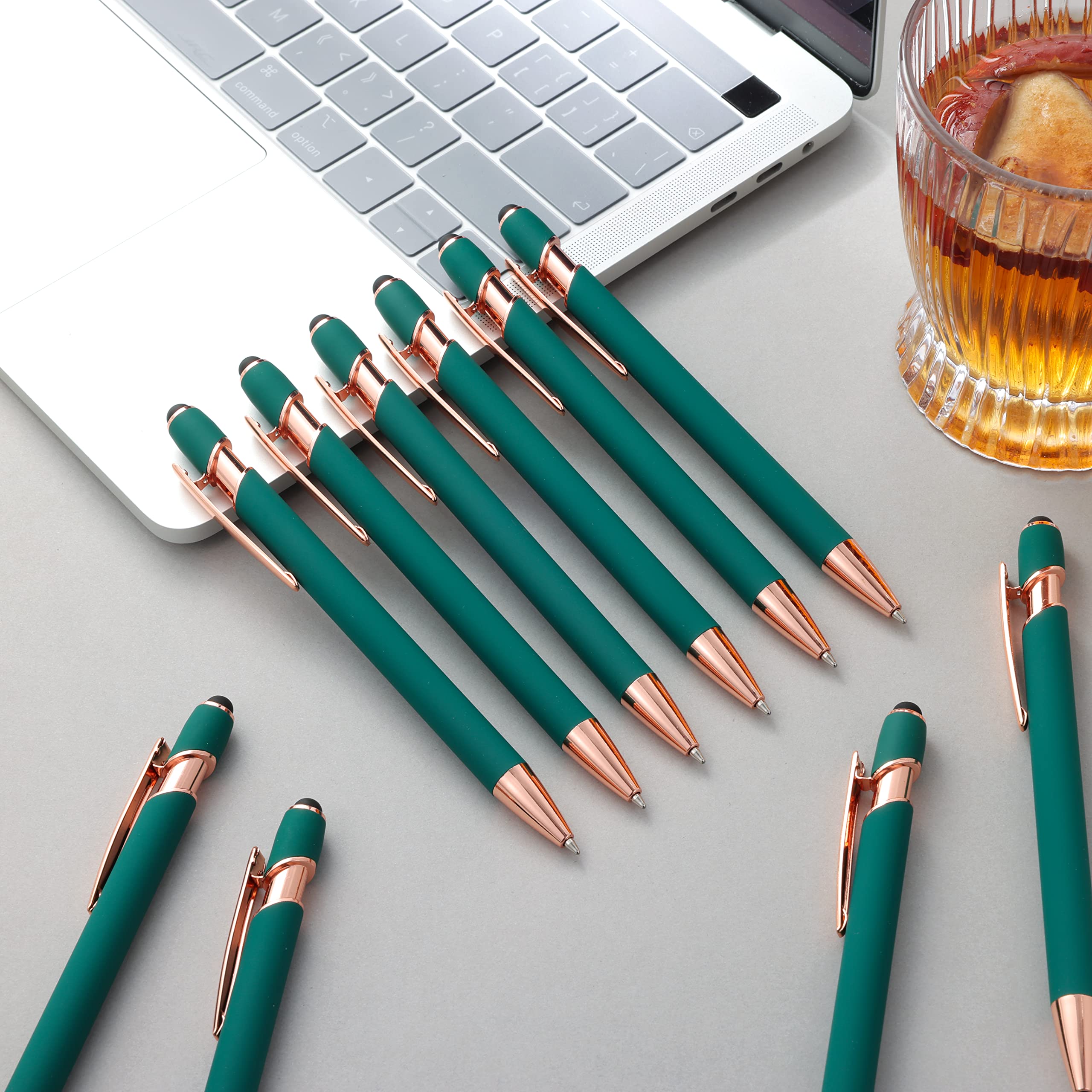 12-Pack 2-in-1 Stylus Ballpoint Pens with 1.0mm Black Ink - Rose Gold & Green Metal Touch Screen Pens with 12 Refills - Perfect for iPad, Tablet, Smartphone Note-Taking & Digital Art
