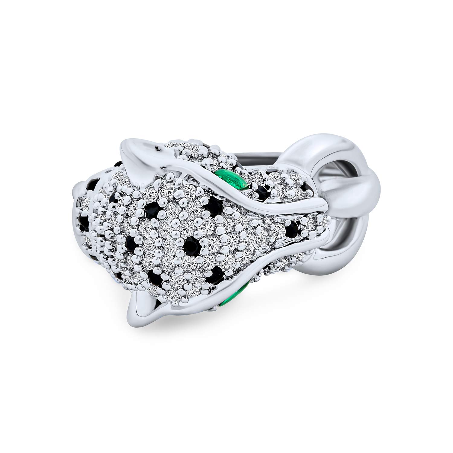 Green Eye Panther CZ Statement Ring for Women - Silver Plated Brass Jewelry for Party & Fashion