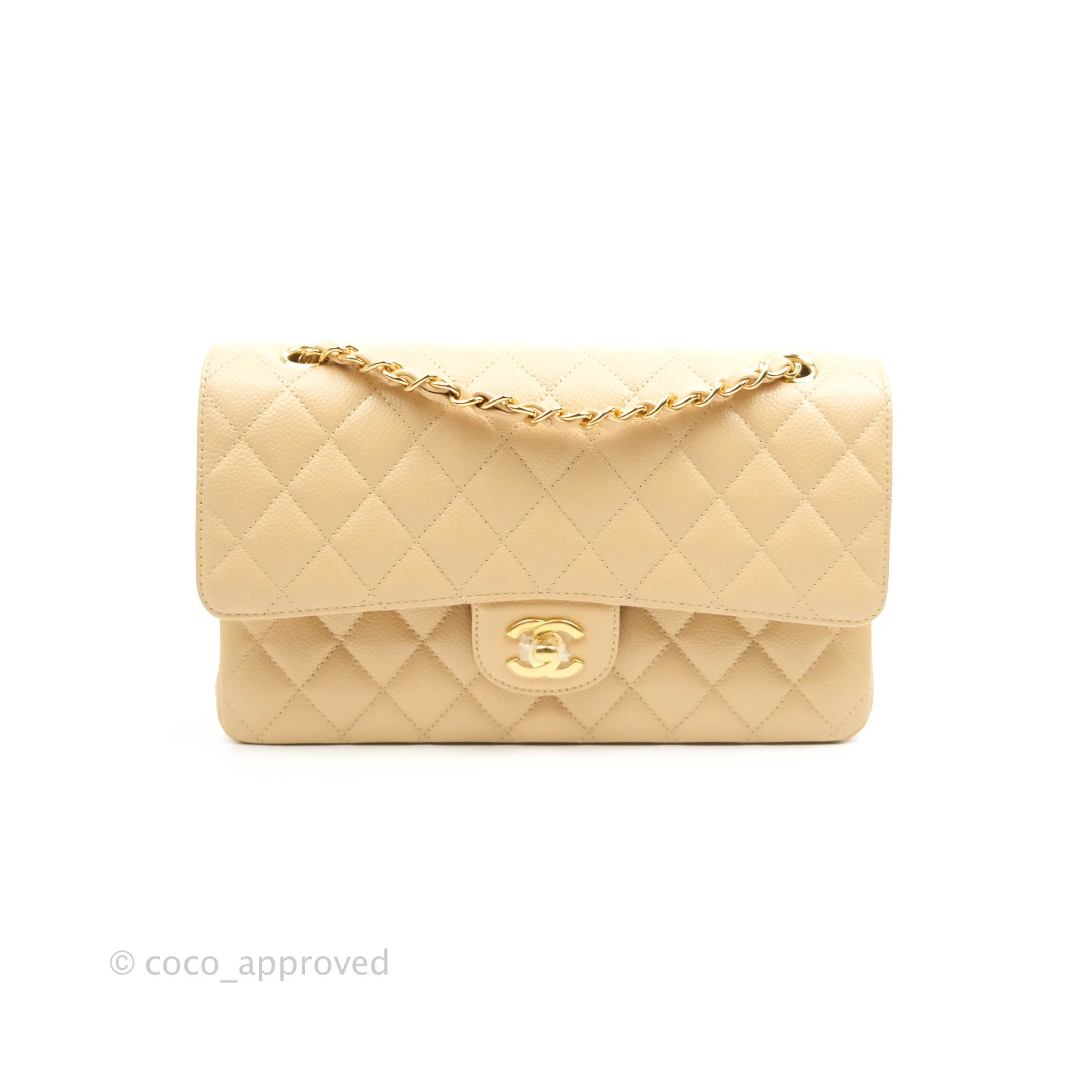 Chanel Classic Medium Double Flap Bag in Beige Caviar Leather with Gold Hardware - Luxury Designer Handbag for Women, Perfect for Work, Evening Events & Special Occasions