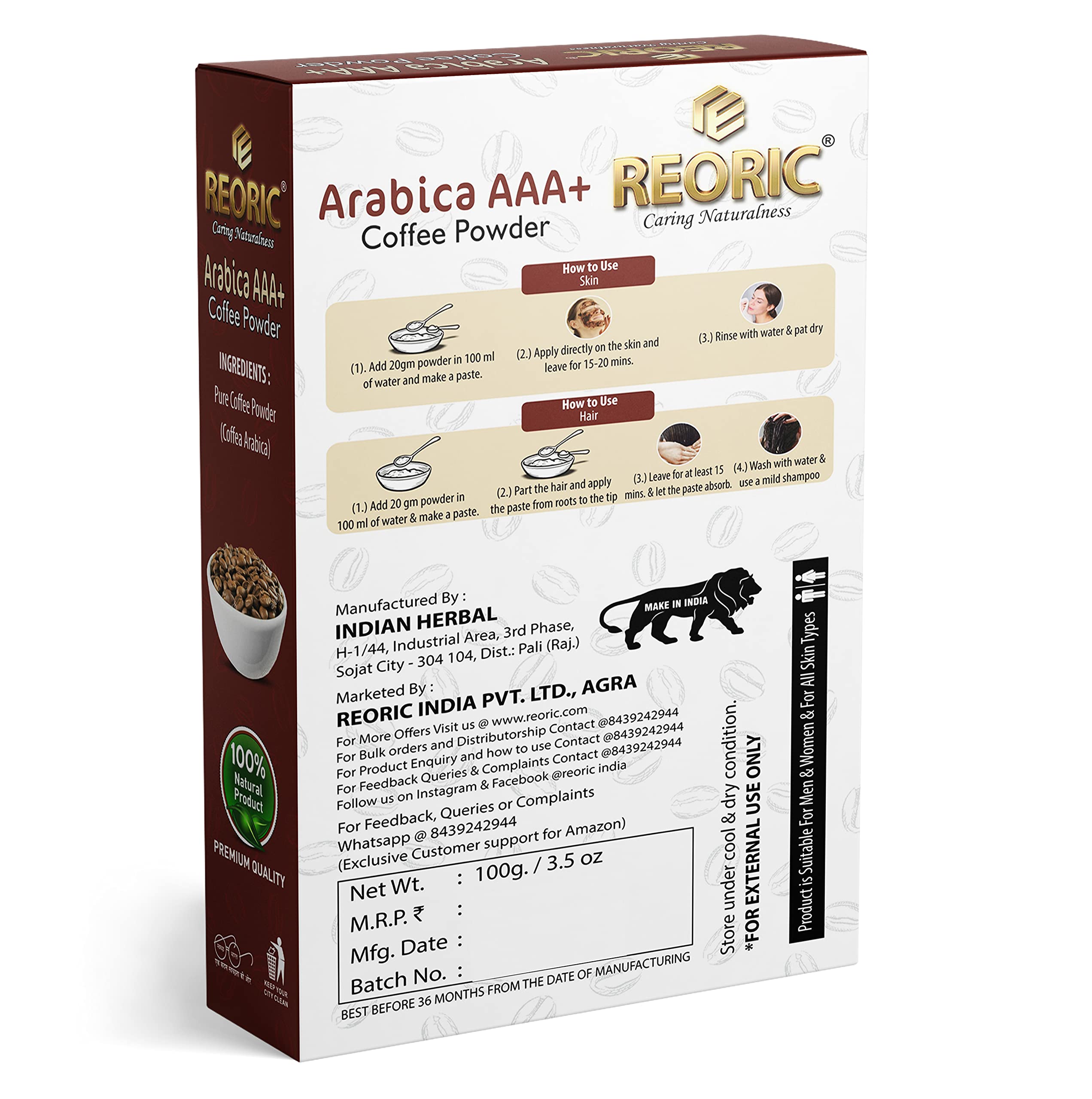 Organic Arabica A+++ Coffee Powder for Face & Body - Natural Tan Removal & Skin Brightening Treatment | 100% Pure Hair & Skin Care | 100g Pack | Perfect for DIY Spa, Facial Scrubs & Hair Masks at Home