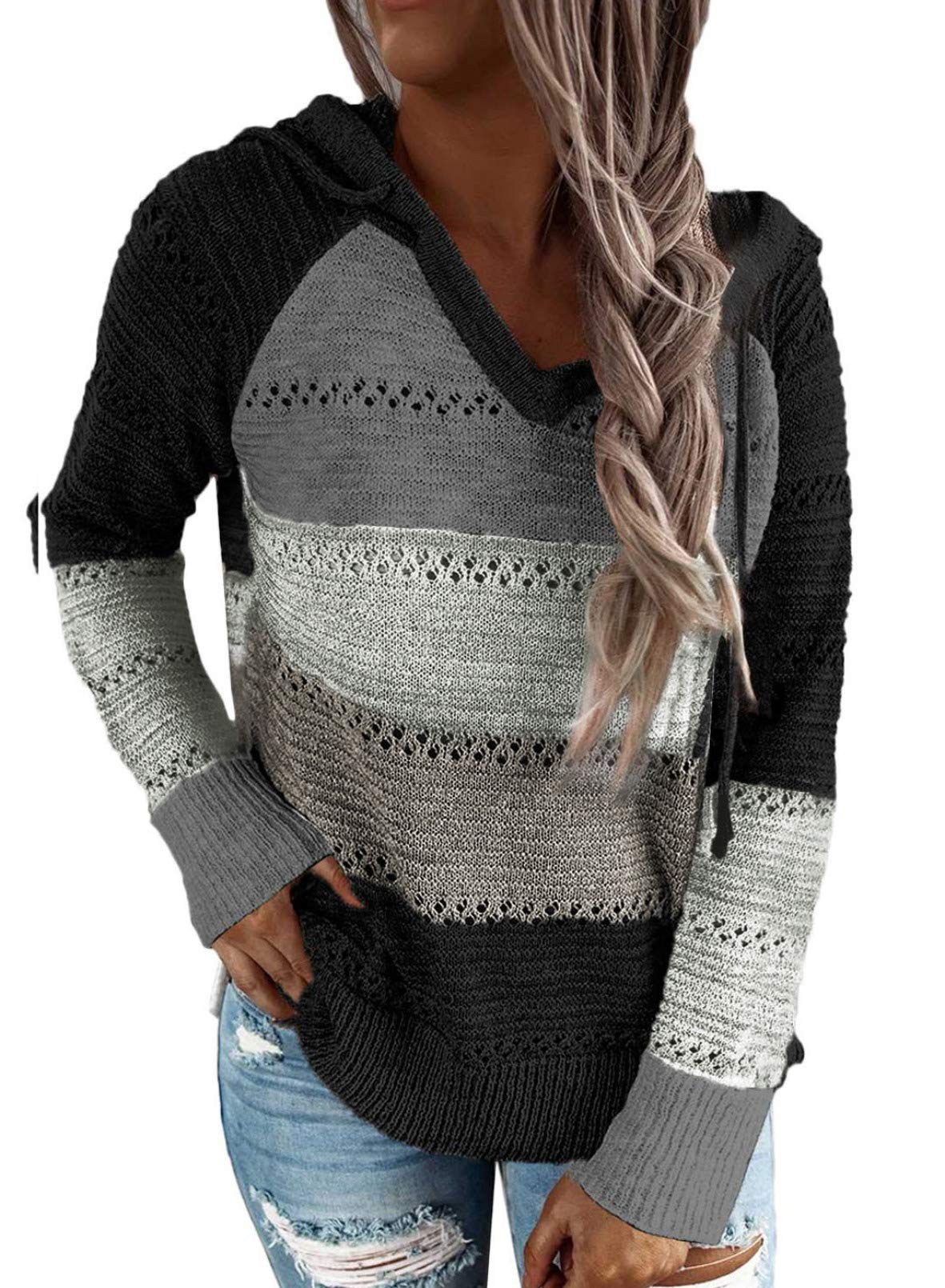 BLENCOT Women's Color Block Crochet Striped Sweater - Lightweight Hooded Pullover with Drawstring, Trendy Sweatshirt for Casual Outfits & Fall Layering