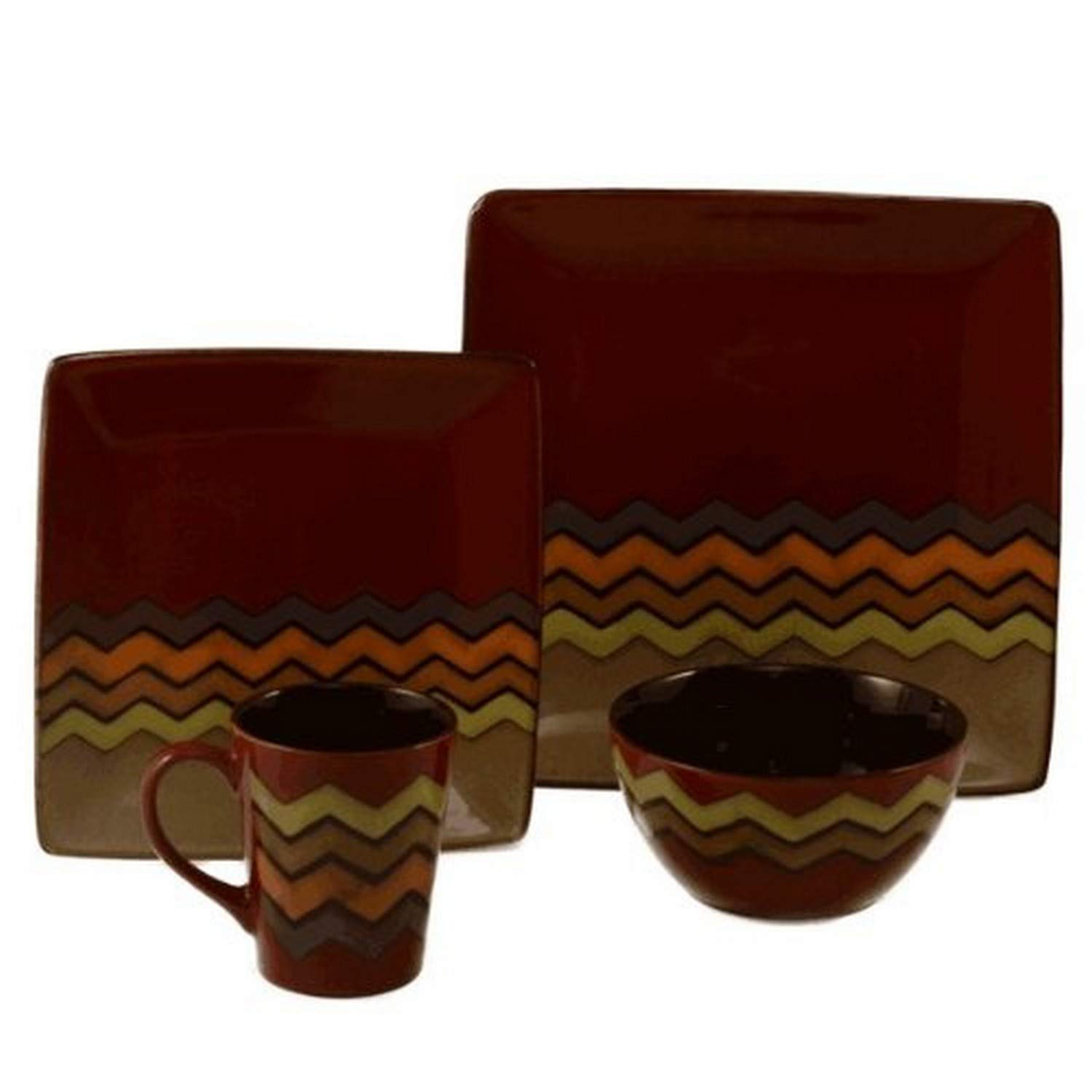 Thalia Square Coupe 16-Piece Stoneware Dinnerware Set - Dark Red - Service for 4 - Elegant Table Setting for Family Dinners, Parties & Holiday Entertaining