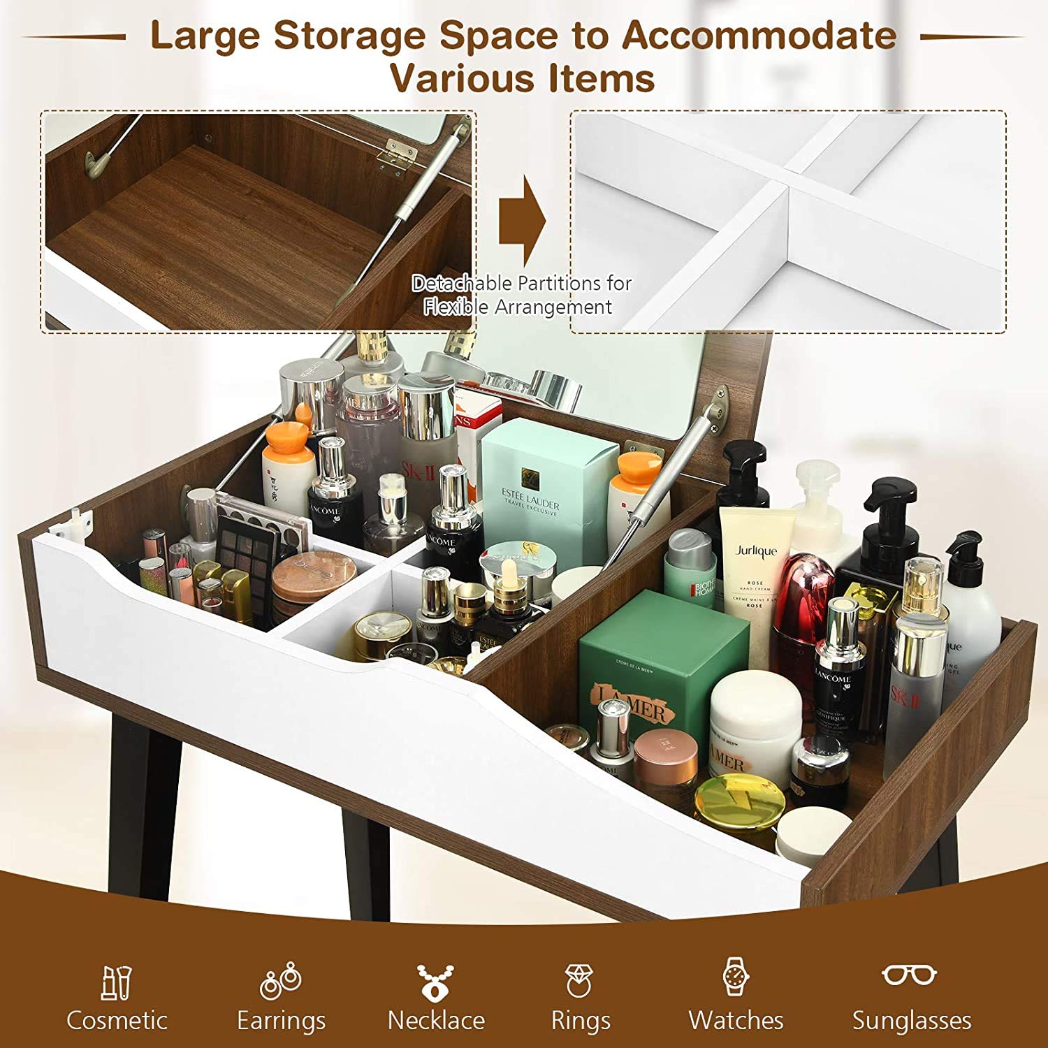 Nightcore Vanity Set with Flip Top Mirror & Cushioned Stool - Dressing Table with Removable Organizer for Makeup, Bedroom & Dressing Room - Perfect for Beauty Routine, Cosmetics Storage & Home Decor