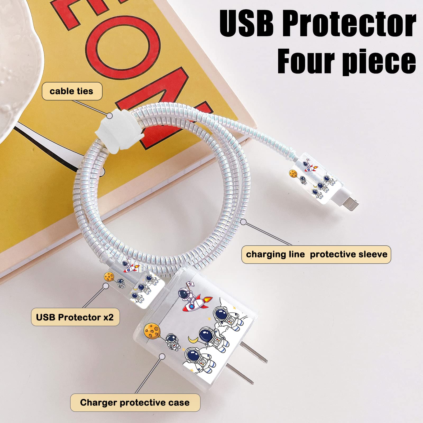 Cartoon Astronaut USB-C Cable Protector for Apple Charger - Cute Clear Silicone Wire Saver Case for iPhone Charger & Power Adapter - Perfect for Home, Office & Travel Use